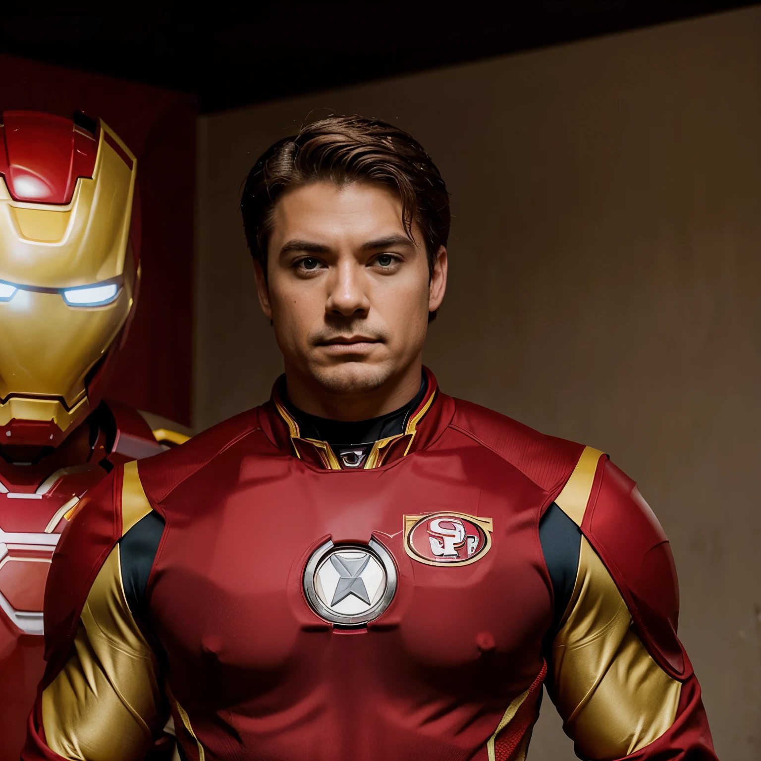 Brock purdy in a iron man suit with the 49ers theme. colors red and gold.
