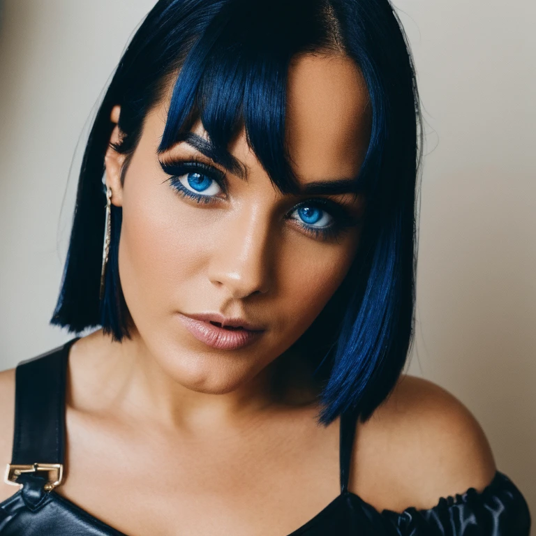 30 year old dominatrix, face close up, high end photography, realistic, bright blue and black hair, bright blue eyes, realistic luscious lips, eyes looking into the camera, beautiful face, , regular boods with cleavage, black leather corset