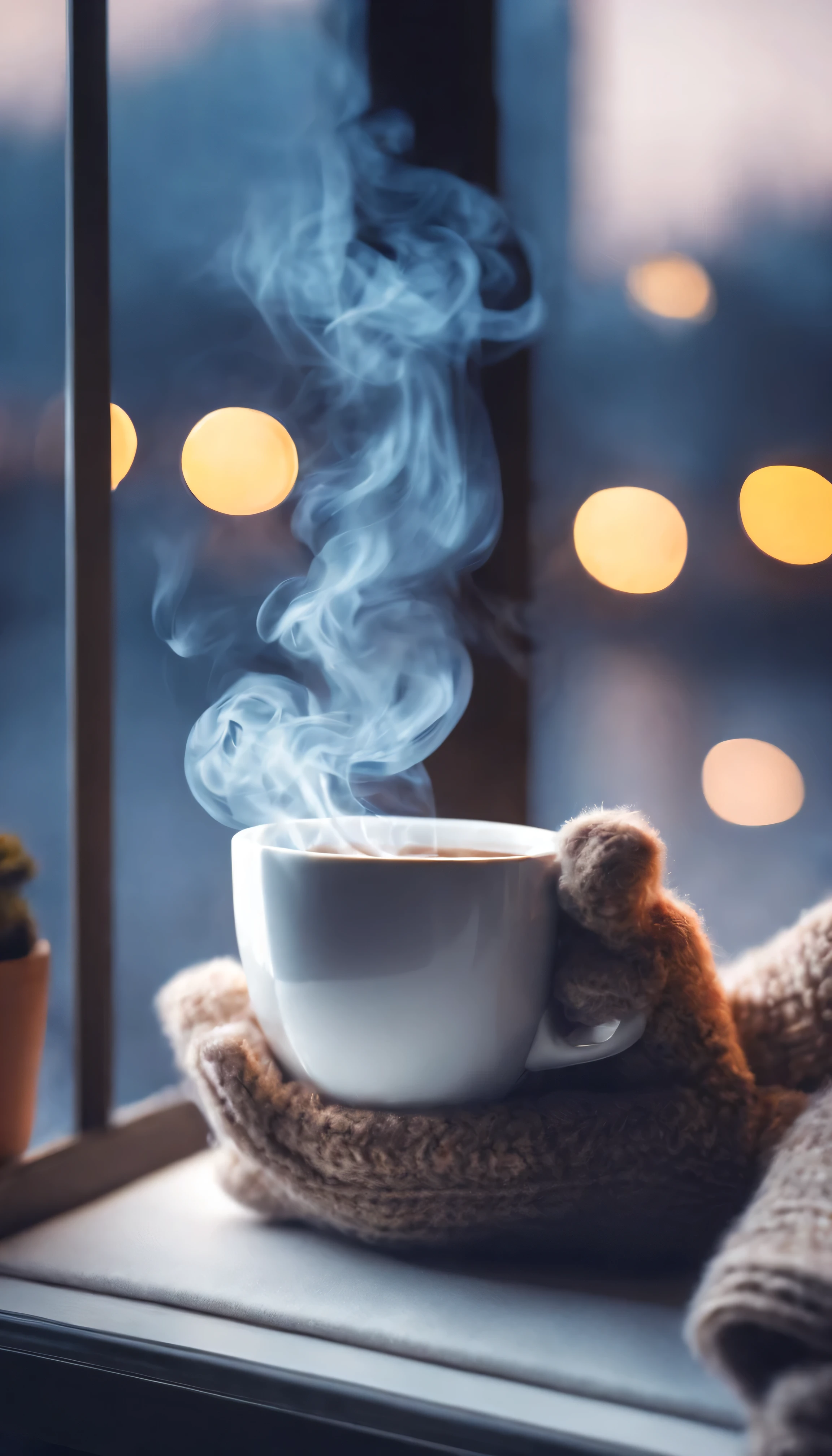 Someone at the window is wearing woolen gloves.Holding a cup of tea((Close-up hand holding cup))smoking tea. drink tea, cold, nice images, Comfortable and beautiful, calm mood, cold的夜晚.cold night mood, Comfortable and calm, Relax, bokeh background.(best quality,4K,8k,high resolution,masterpiece:1.2),super detailed,(actual,photoactual,photo-actual:1.37),Coffee smoking slightly in white ceramic cup.ultra high definition, anatomically correct, masterpiece, best quality