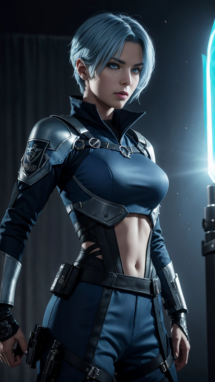 (An Enigmatic 30-Year-Old Female Vampire Hitwoman), (Light Blue Wolfcut Hair:1.4), (Sharp Silver Eyes), (Fair Skin with Hidden Fangs), (Wearing Dark Blue Tactical Outfit:1.4), (Castle of Eternal Night), (Dynamic Pose:1.4), Centered, (Waist-up Shot:1.4), From Front Shot, Insane Details, Intricate Face Detail, Intricate Hand Details, Cinematic Shot and Lighting, Realistic and Vibrant Colors, Masterpiece, Sharp Focus, Ultra Detailed, Incredibly Realistic Environment and Scene, Master Composition