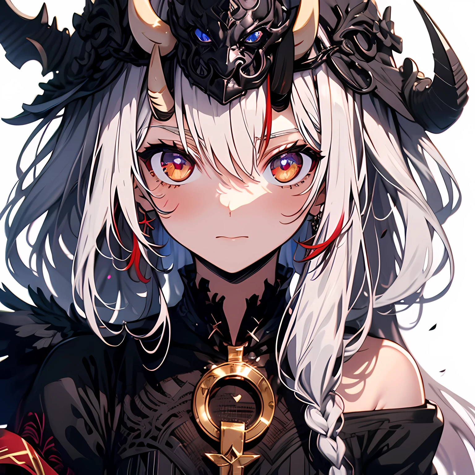 1 boy, alone, Super exquisite illustrations, extremely delicate and beautiful, best quality, devil horns, Demon Wings, young, dark and sinister, Noble costumes, White background, intense gaze, intricate details, otherworldly, fantasy.