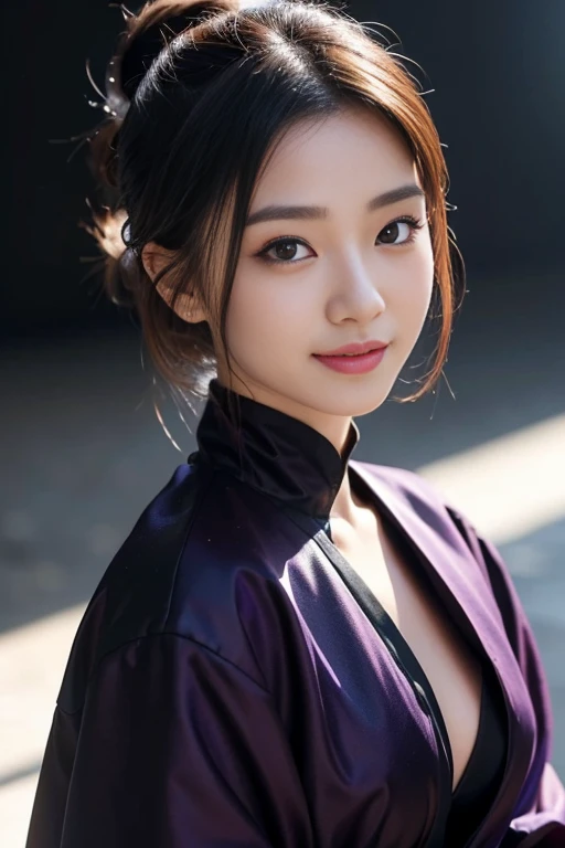 bun hairstyle、The hair color is dark brown、Beautiful 25 year old Japan woman,white skin, double eyelid、serious expression、smile a little、Wearing a black and purple ninja costume, valley、waist up shot, dynamic pose, environmental lighting, photorealism, intricate face details, intricate hand details, very detailed, bright colors, cinematic, High resolution, Art Station Trends - Style Row、8K portrait