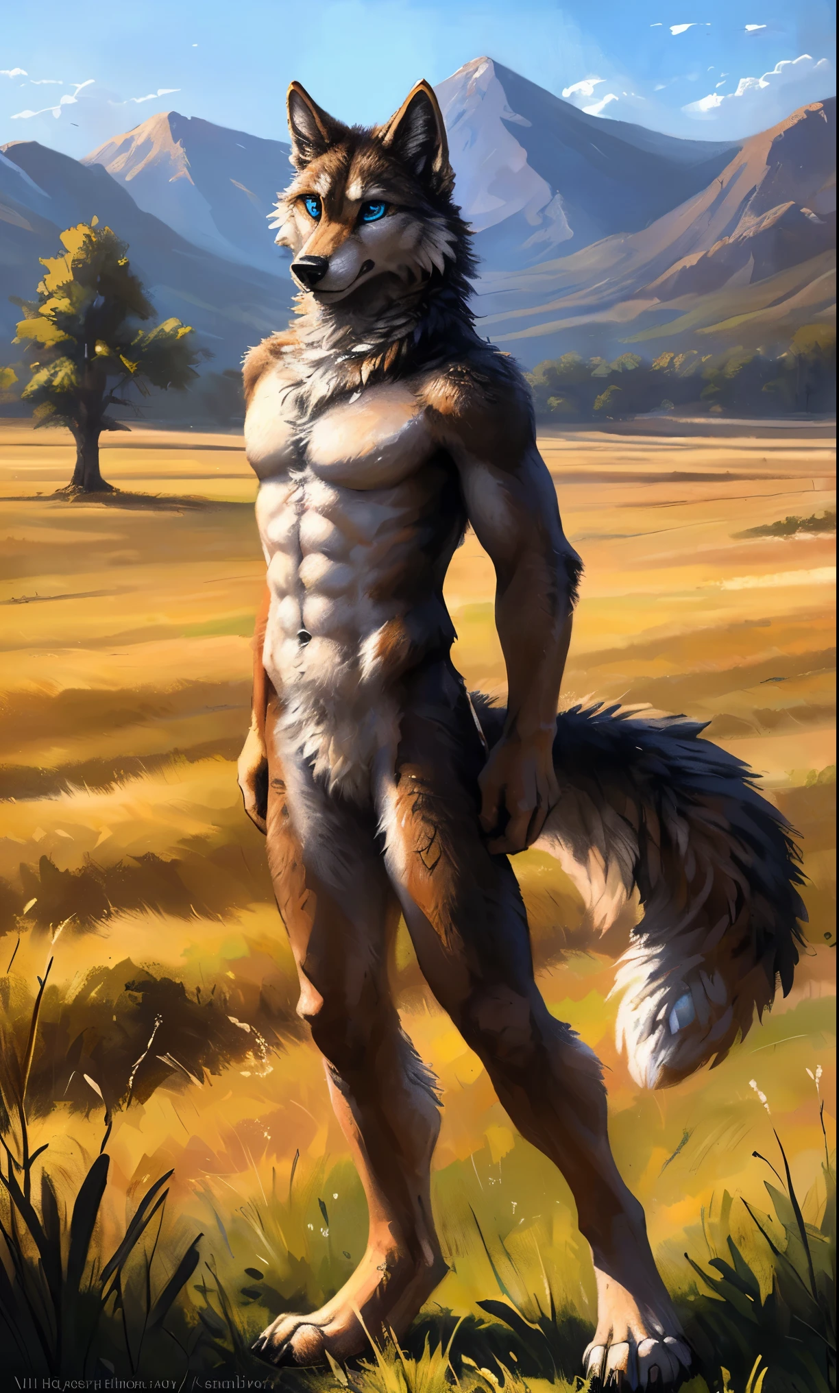 ((Solo)), male people, anthro wolf, (Multi-colored fur, White-brown:1.3,White tail pointed), (Height 2.1m,Tail length 1.5m), ((Wolf face, Big eyes, White eyelids, Blue pupil, Slim:1.2) (Tough, Calm expression:1.2)), Abs, Slim, pinging)), (Correct anatomy), Naked all over the body,A long big tail,Feet,(Realistic fur, Detailed fur texture, labeled:1.3)), (Natural lighting), Photorealistic, Hyperrealistic, ultradetailed, by Kenket,Field,No artifacts