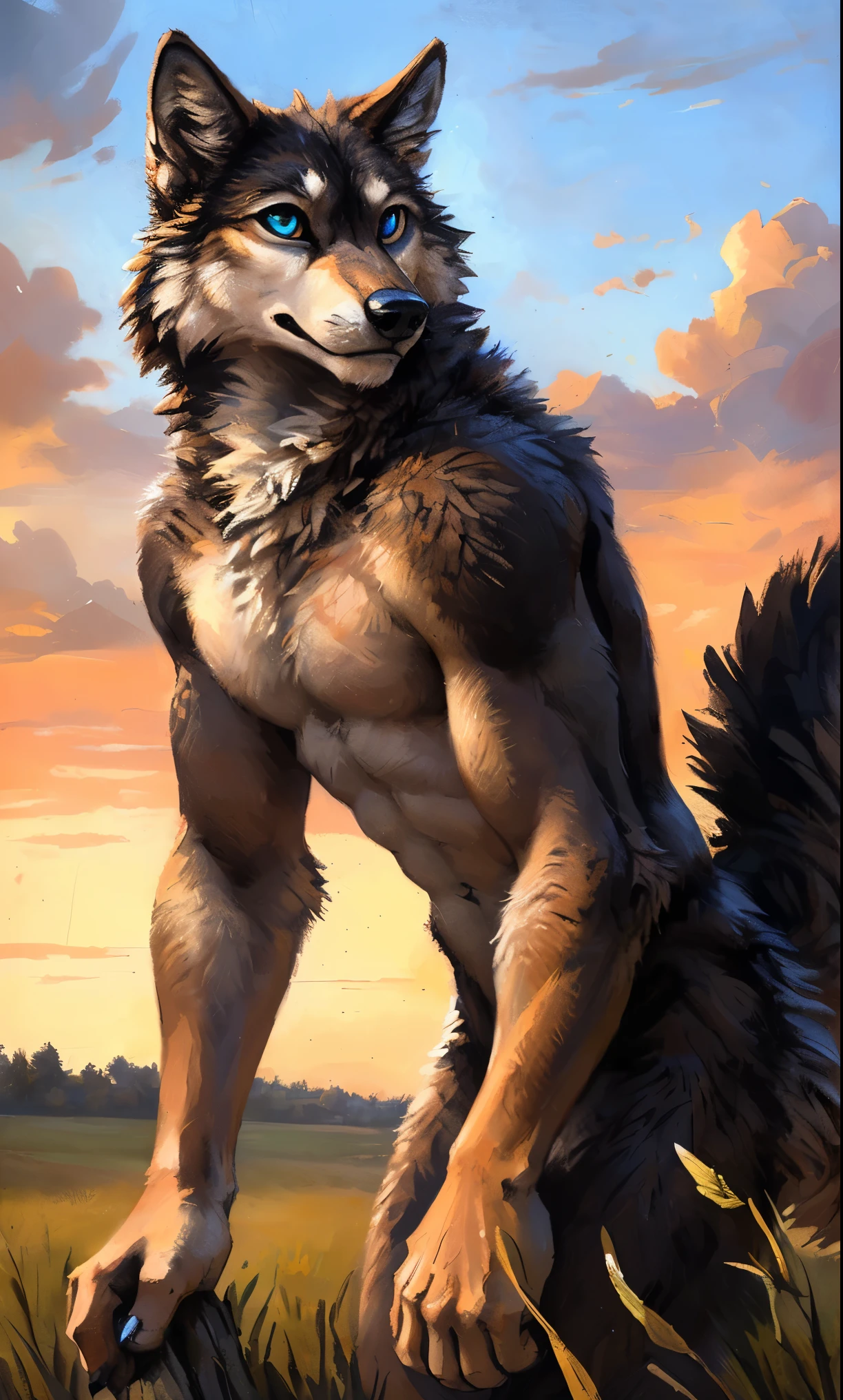 ((Solo)), male people, anthro wolf, (Multi-colored fur, White-brown:1.3,White tail pointed), (Height 2.1m,Tail length 1.5m), ((Wolf face, Big eyes, White eyelids, Blue pupil, Slim:1.2) (Tough, Calm expression:1.2)), Abs, Slim, pinging)), (Correct anatomy), Naked all over the body,A long big tail,Feet,(Realistic fur, Detailed fur texture, labeled:1.3)), (Natural lighting), Photorealistic, Hyperrealistic, ultradetailed, by Kenket,Field,No artifacts