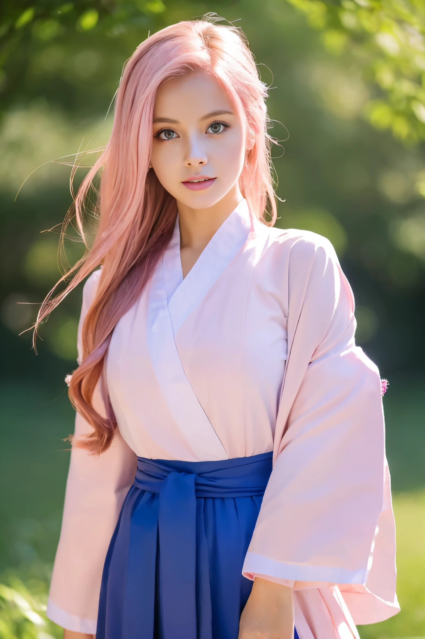 (finely be familiar with beautiful eyes and be familiar with face,masterpiece sidelighting,masterpiece,highest quality,be familiar with,High resolution illustrations),, (1 girl,whole body,beautiful girl,Glossy skin,look down,looking at the viewer),, (pink hair,blue eyes,ribbon,Hanbok, korean clothes), (dressed_under bust:1.2),underboob,