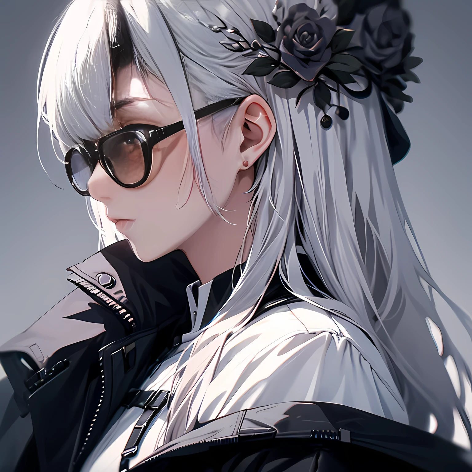 The tenth (death flower), 1 person, 35 years old,(Black mane), man wearing glasses, Close-up face, Profile picture,Dressing style is formal and restrained, a black jacket,White shirt, professional look,white gray hair, silver, Tired look,