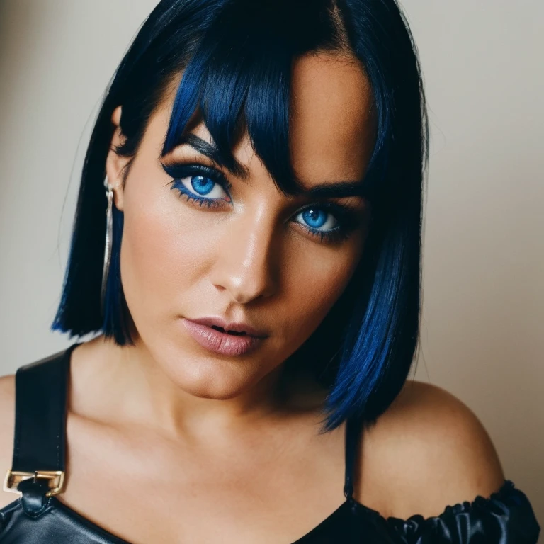 30 year old dominatrix, face close up, high end photography, realistic, bright blue and black hair, bright blue eyes, realistic luscious lips, eyes looking into the camera, beautiful face, , regular boods with cleavage, black leather corset