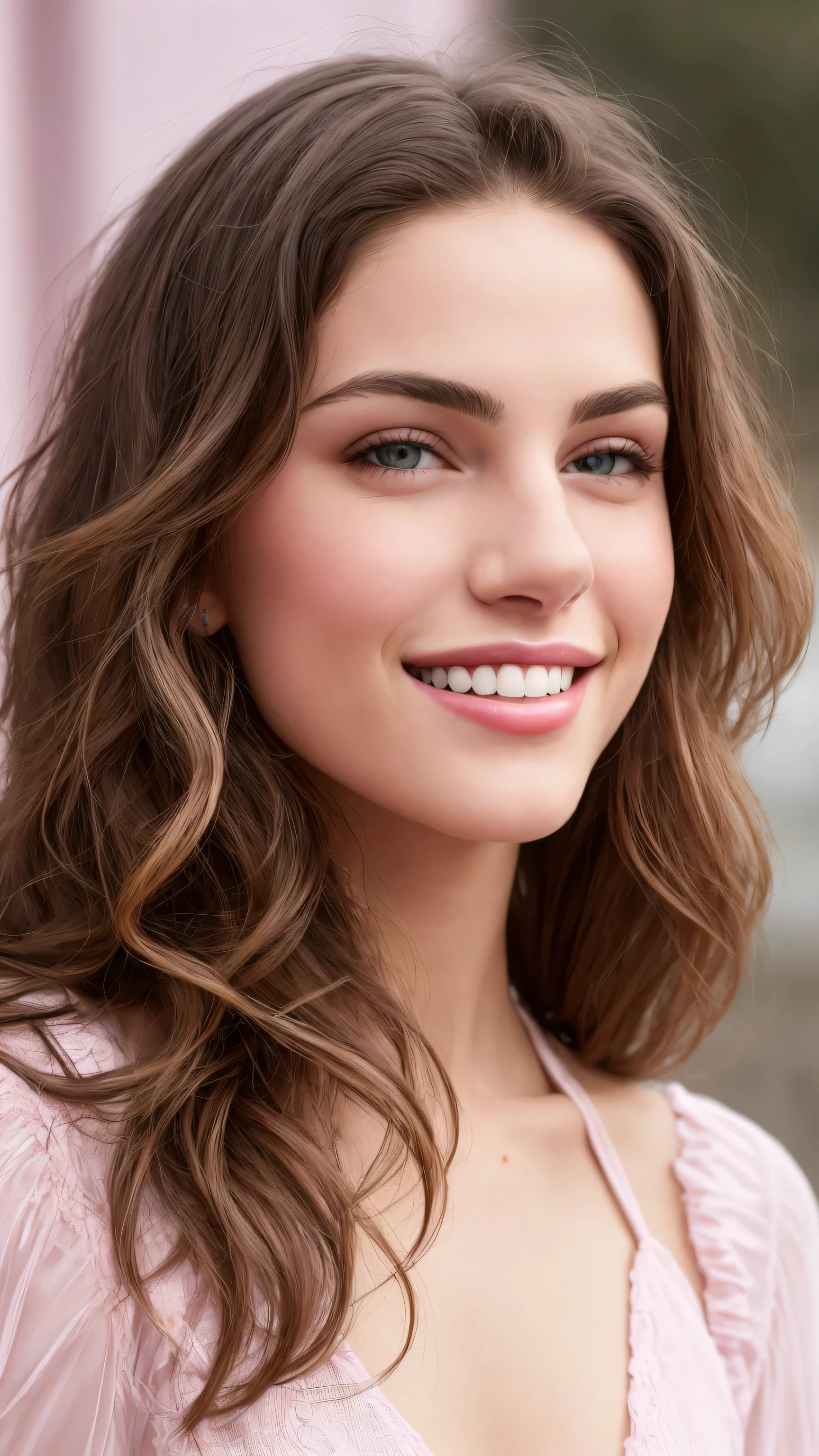 Fashion model 25 years old, [[[[close up]]]], [[[[perfect ]]]], [[[[neck]]]], [[[[Shoulder]]]], perfect brown eyes, perfect iris, perfect lips, gentle smile, perfect teeth, perfect brown skin, Soft headlight, glow, human development report, (pastel colors:1.2)