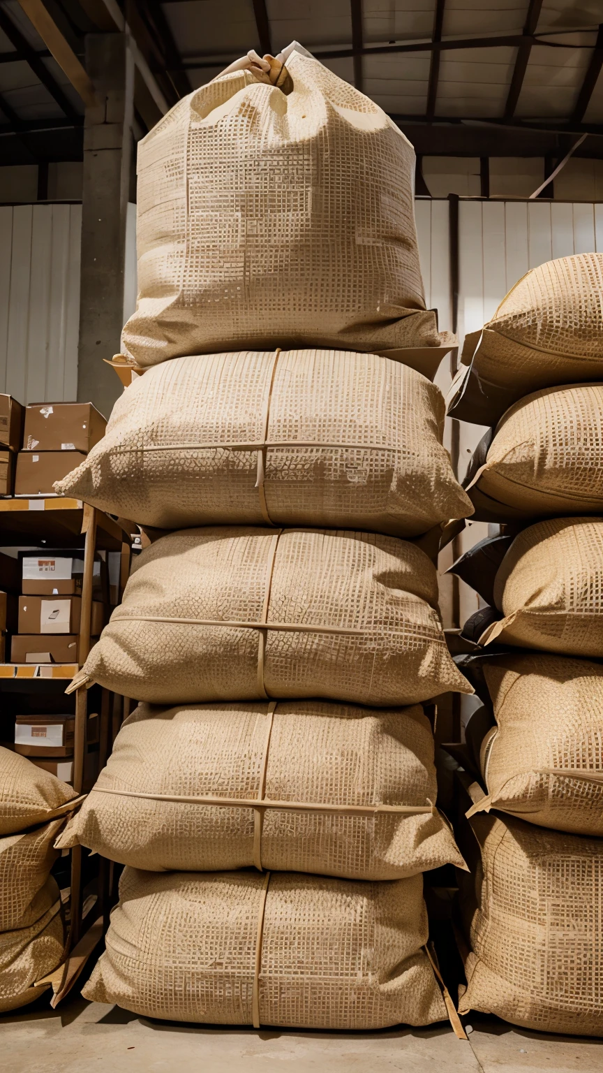 Stack of rice sacks in the rice warehouse, photos, realistic, best quality