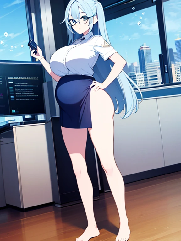 (Very high quality, detailed, masterpiece) An image of a full body pregnant girl with a round belly, long hair, very big breasts and a bubble butt. She's standing barefoot with her hands on her belly and leaning back. She's wearing an office uniform and glasses.