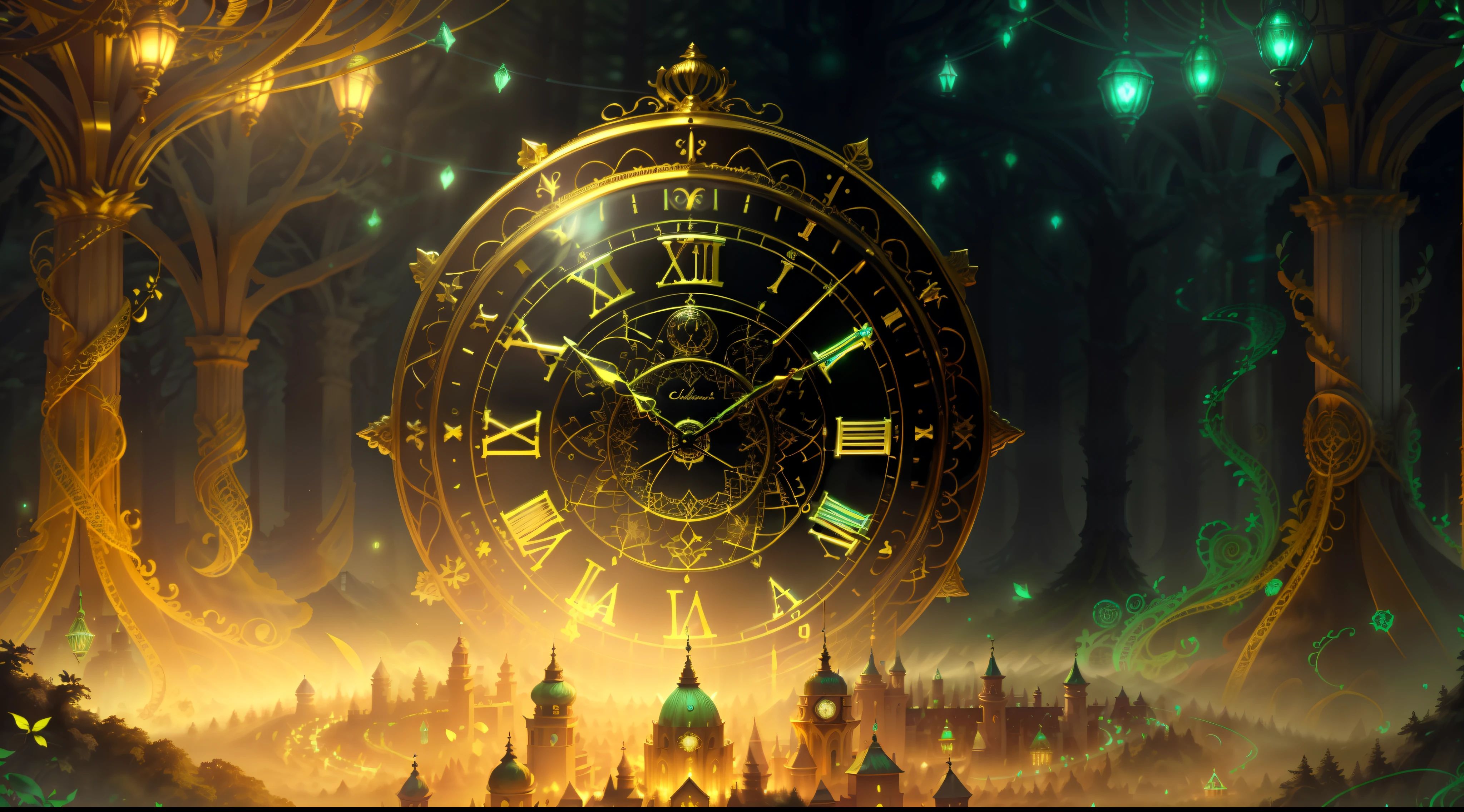 A close up of a clock in a forest with a lot of lights - SeaArt AI