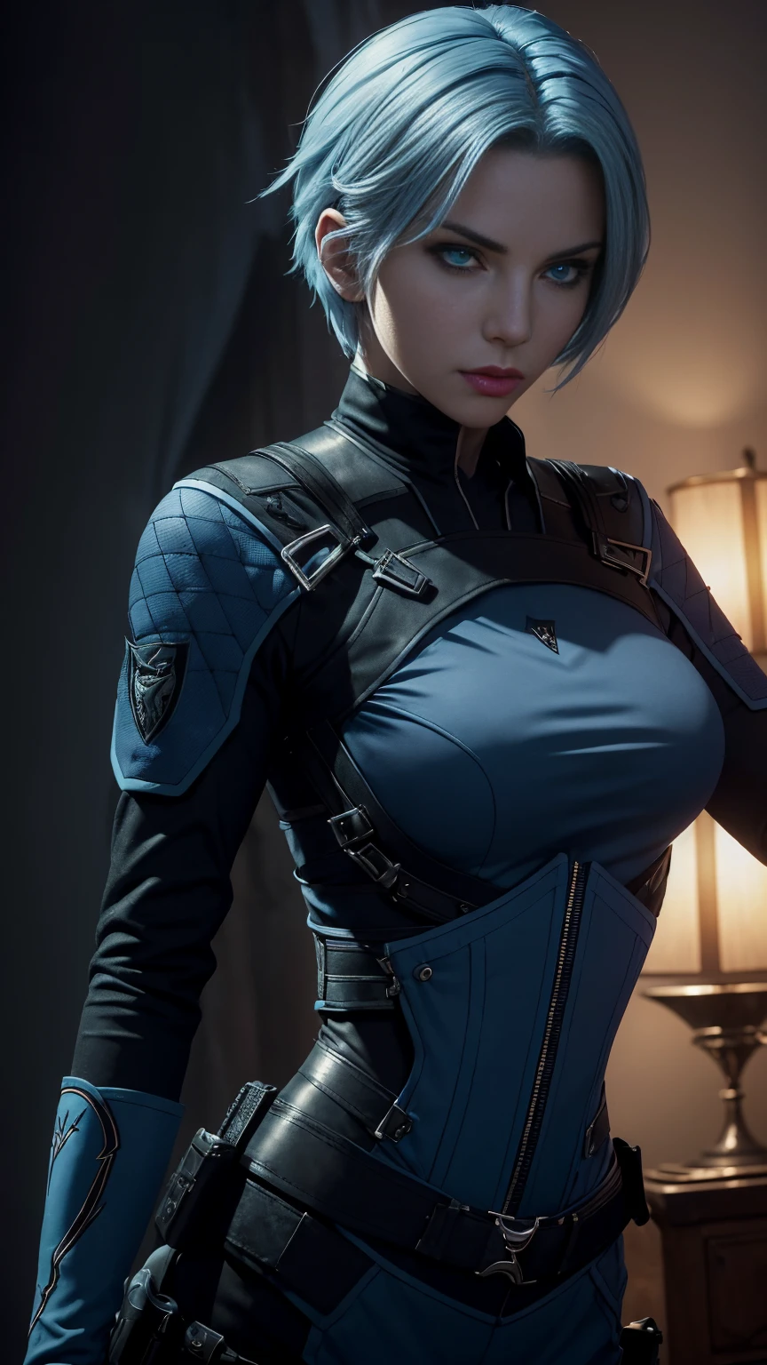 (An Enigmatic 30-Year-Old Female Vampire Hitwoman), (Light Blue Wolfcut Hair:1.4), (Sharp Silver Eyes), (Fair Skin with Hidden Fangs), (Wearing Dark Blue Tactical Outfit:1.4), (Castle of Eternal Night), (Dynamic Pose:1.4), Centered, (Waist-up Shot:1.4), From Front Shot, Insane Details, Intricate Face Detail, Intricate Hand Details, Cinematic Shot and Lighting, Realistic and Vibrant Colors, Masterpiece, Sharp Focus, Ultra Detailed, Incredibly Realistic Environment and Scene, Master Composition