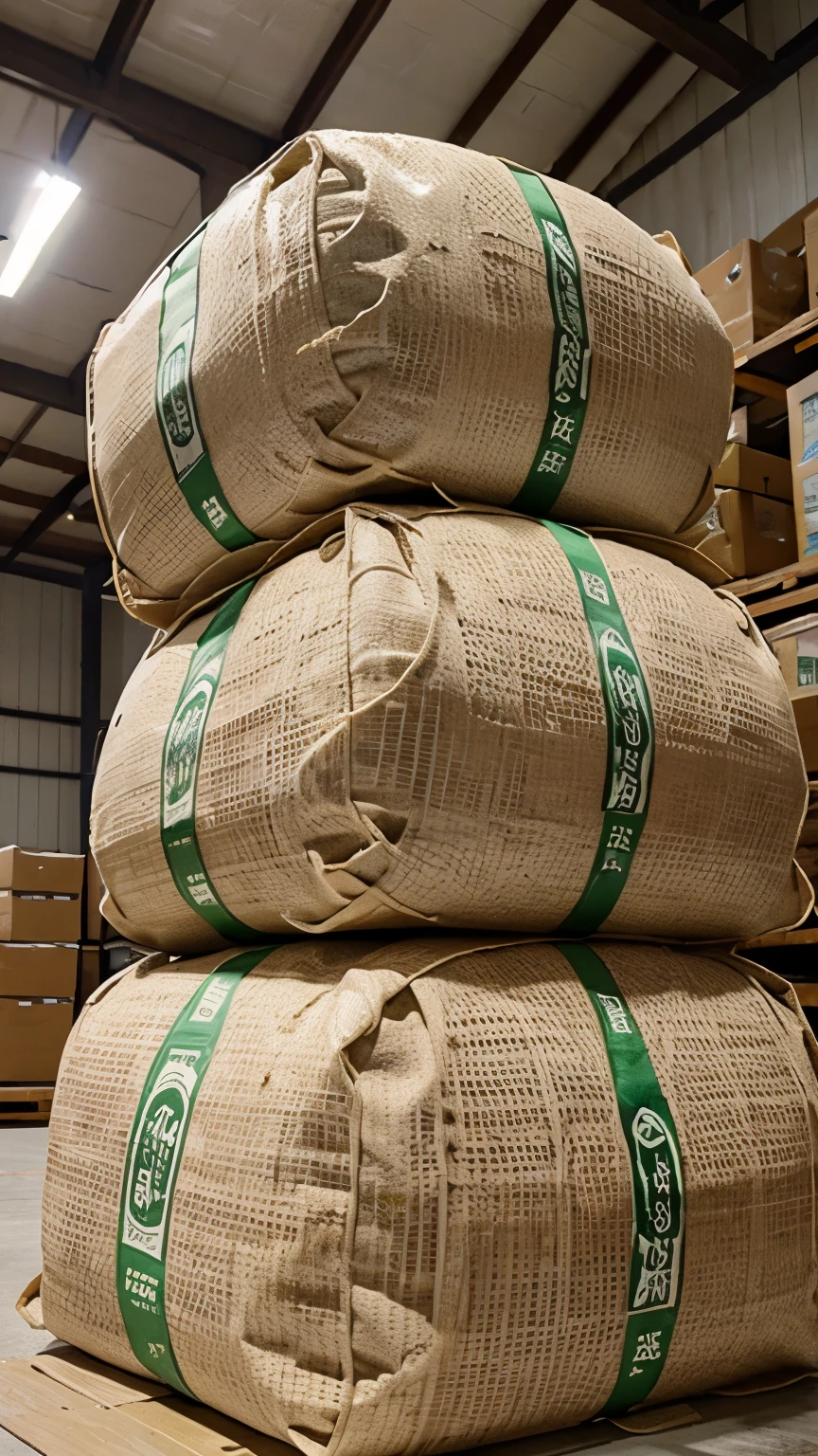 Stack of rice sacks in the rice warehouse, photos, realistic, best quality