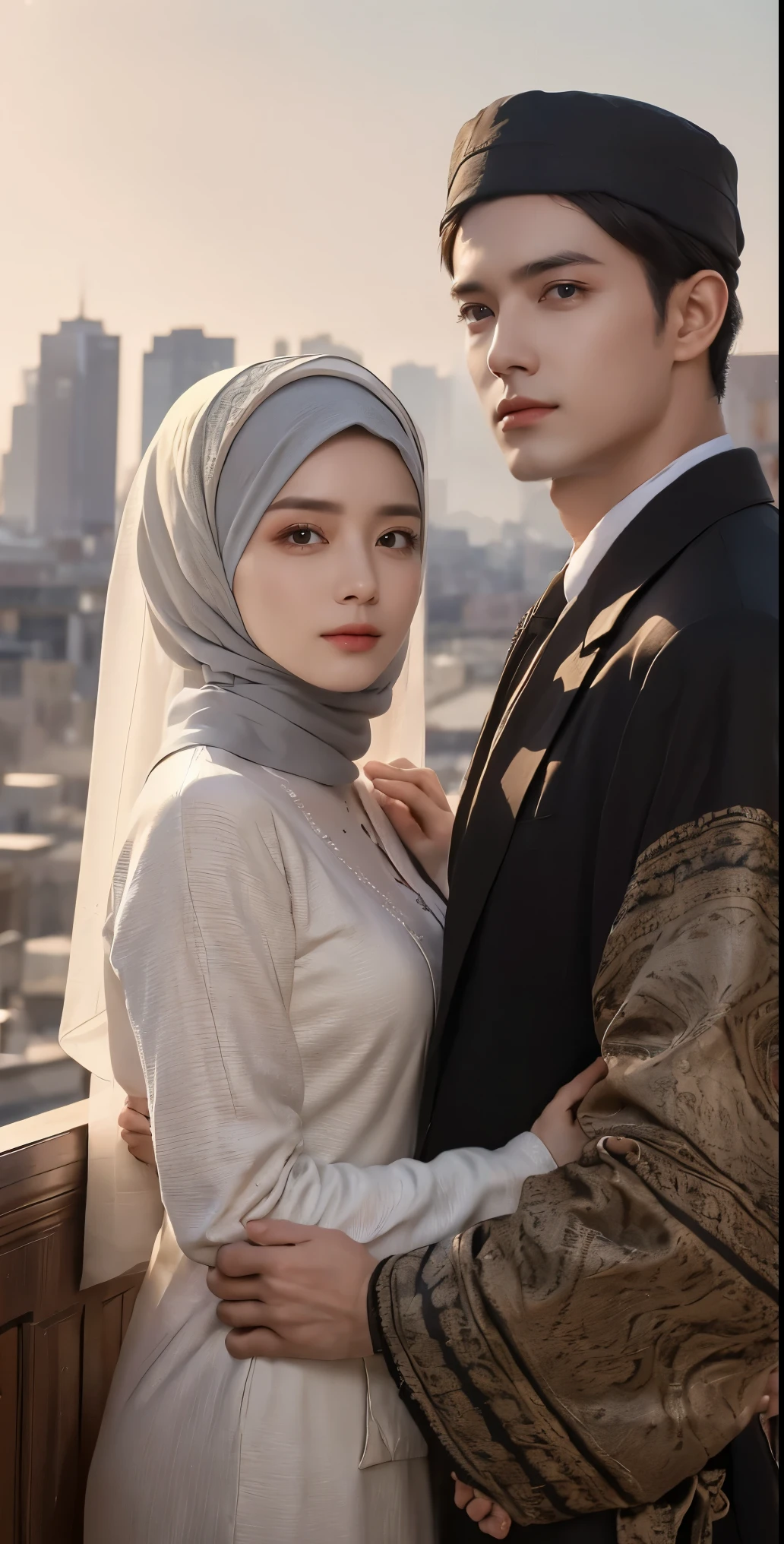A man and girl,primitive, Masterpiece, ultra fine photos, Best quality, Ultra-high resolution, Realistic, Sunny, full-body portraits, Amazing man, Dynamic posture, exquisite face, Vibrant eyes, Very detailed background, Detailed face, detailed tidy background, Gorgeous, High detail skin, Realistic skin details, Visible pores, Clear focus, volume fog, 8K UHD, Digital SLR, High quality, filmgrain, Fair skin, Realism,(((Handsome man and beautiful girl:1.4)))