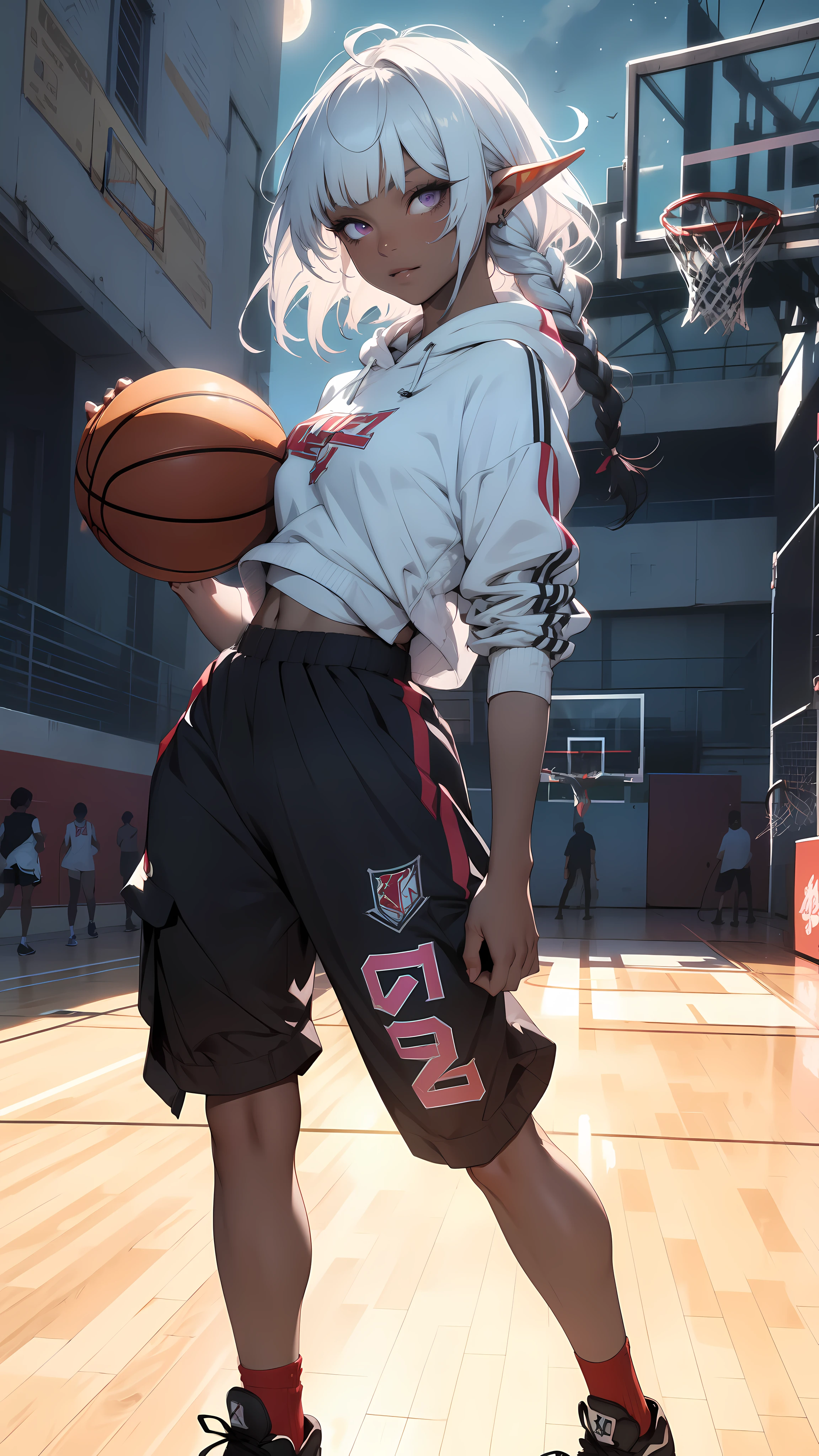 ((masterpiece)), (top quality), (best quality), ((ultra-detailed, 8k quality)), Aesthetics, Cinematic lighting, soft semi-backlit light, (detailed line art), absurdres, (best composition), (high-resolution),
BREAK,
beautiful of ((dark elf girl)), street clothes, hoodie, cargo pants, Air Jordan Sneakers, full body, Dynamic pose, POV angle to head, atmospheric perspective, cinematic dramatic atmosphere, Standing in the middle (basketball court:1.2), (holding a basketball), outdoors, (full moon sky), sweating,
BREAK,
highly detailed of (dark elf), (1girl), solo, perfect face, details eye, ahoge, twin braids, white shining hair, hime cut bangs, medium hair, violet eyes, shining eyes, (beautiful detailed eyelashes, eyeshadow, pink eyeshadow), smile, design art by Mikimoto Haruhiko, by Kawacy, By Yoshitaka Amano,
BREAK,
((perfect anatomy)), perfect body, Abs, (medium breast), perfect hands, perfect face, beautiful face, beautiful eyes, perfect eyes, (perfect fingers, deatailed fingers), correct anatomy, perfect legs, ((dark skin:1.2)), perfect ball, Detailed ball,