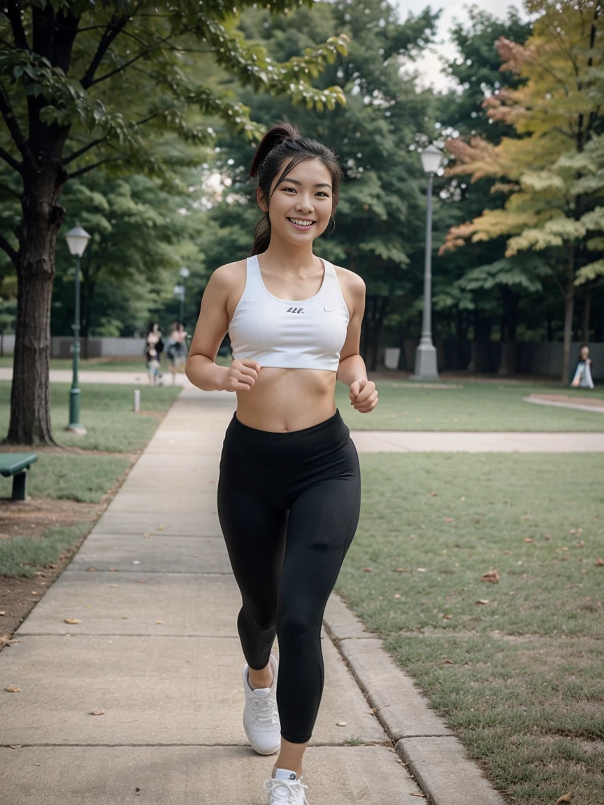one girl, Asian, average Asian body, wearing sports bra, running tights, at a park, running, smiling, full body shot