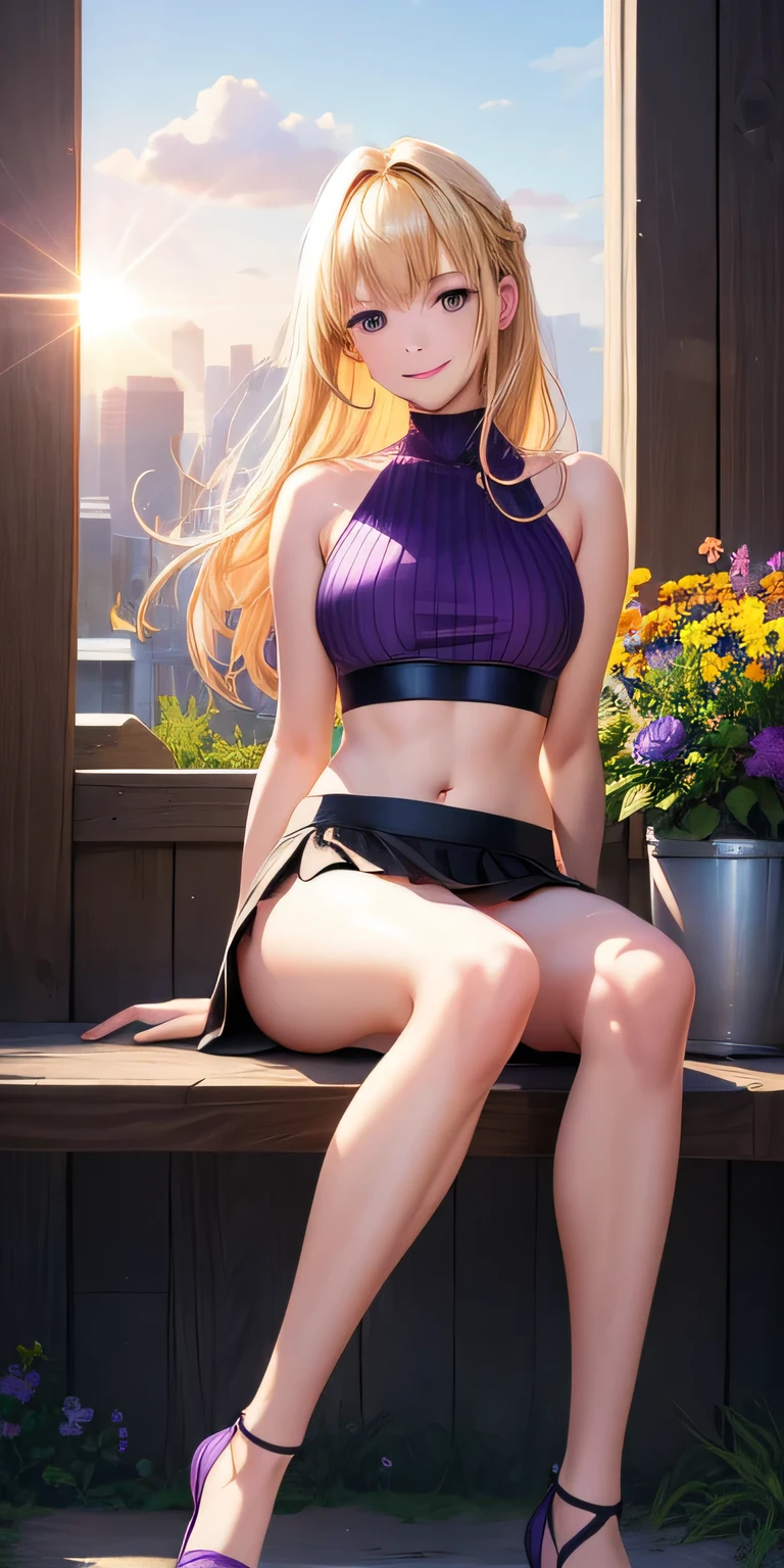 (((Squat and open your legs)))、1 girl, blonde hair, black eye, shining eyes, purple crop top, Purple miniskirt, smile、realistic, blush, night, flowers, sun, sunlight, masterpiece, 最high quality, high quality, High resolution、Squat and open your legs、