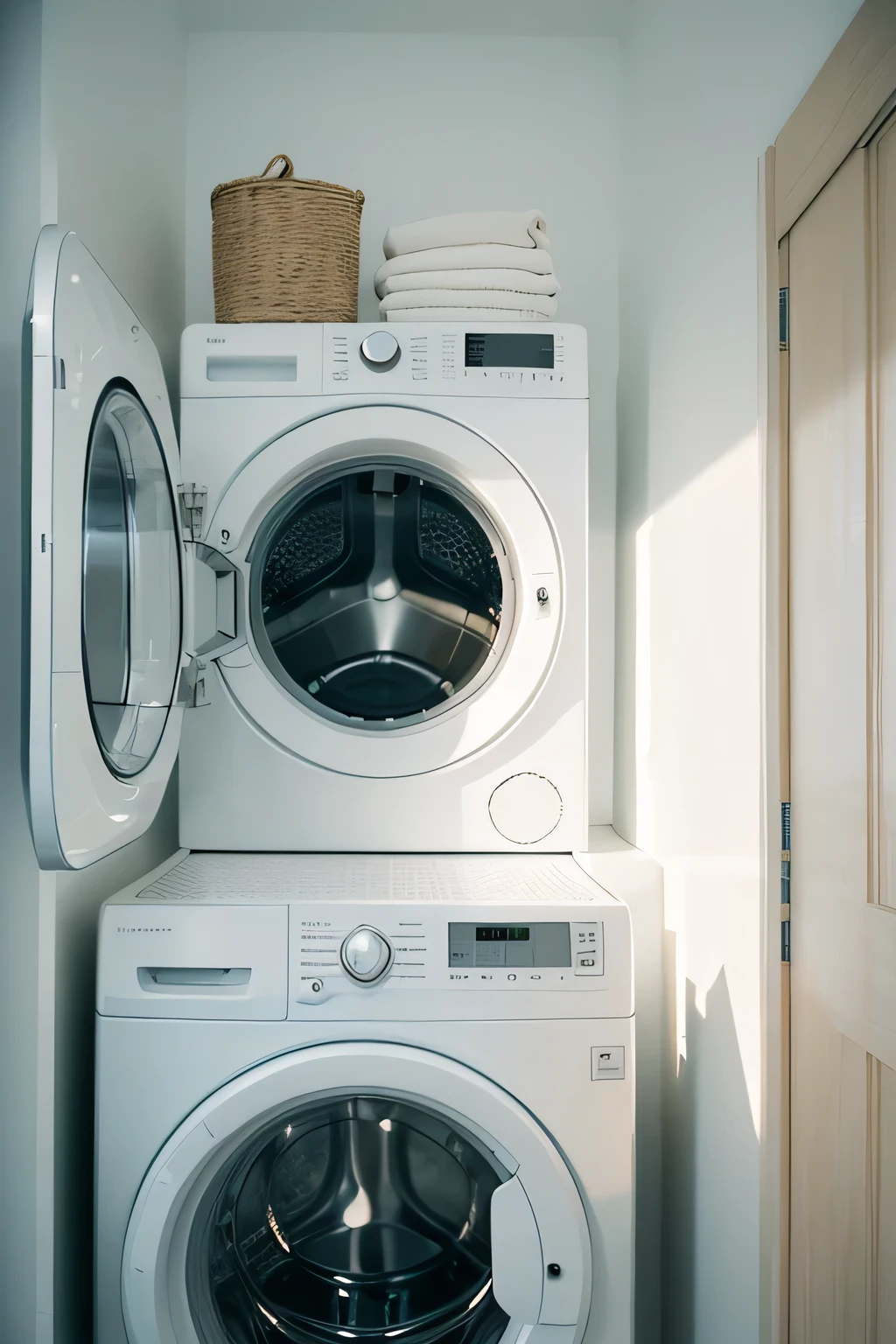 white washing machine，Front view，white wall，good lighting，The picture is delicate and delicate，Gives a sense of reality and photorealism。This scene gives people a sense of tranquility、Comfortable and elegant feel，Full of exquisite details and quality。