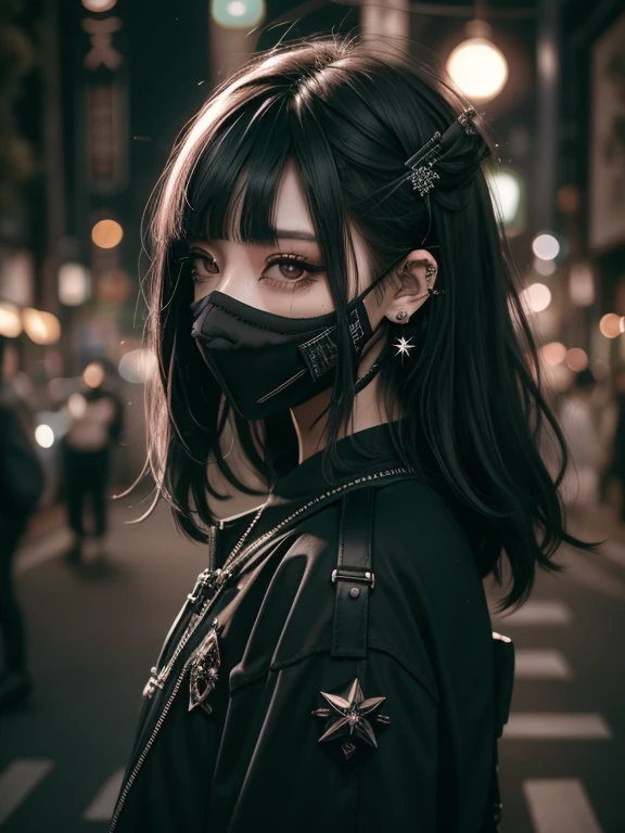 godo_Punk, 1 chica en, solo, tiro medio, Caminando en Harajuku, ((durante la noche)), bokeh, neon light, ojos iridiscentes, cielo estrellado, un rubio,Pelo de malla negra、 cejas negras, Cabello radiante, (cabello blanco iridiscente), pendientes, flequillo, joya, mascarillas, golpes contundentes, ojos verdes, mouth mask, fondo borroso, borroso, adornos para el cabello, Mira a los espectadores, pelo corto, retratos, cerraduras laterales