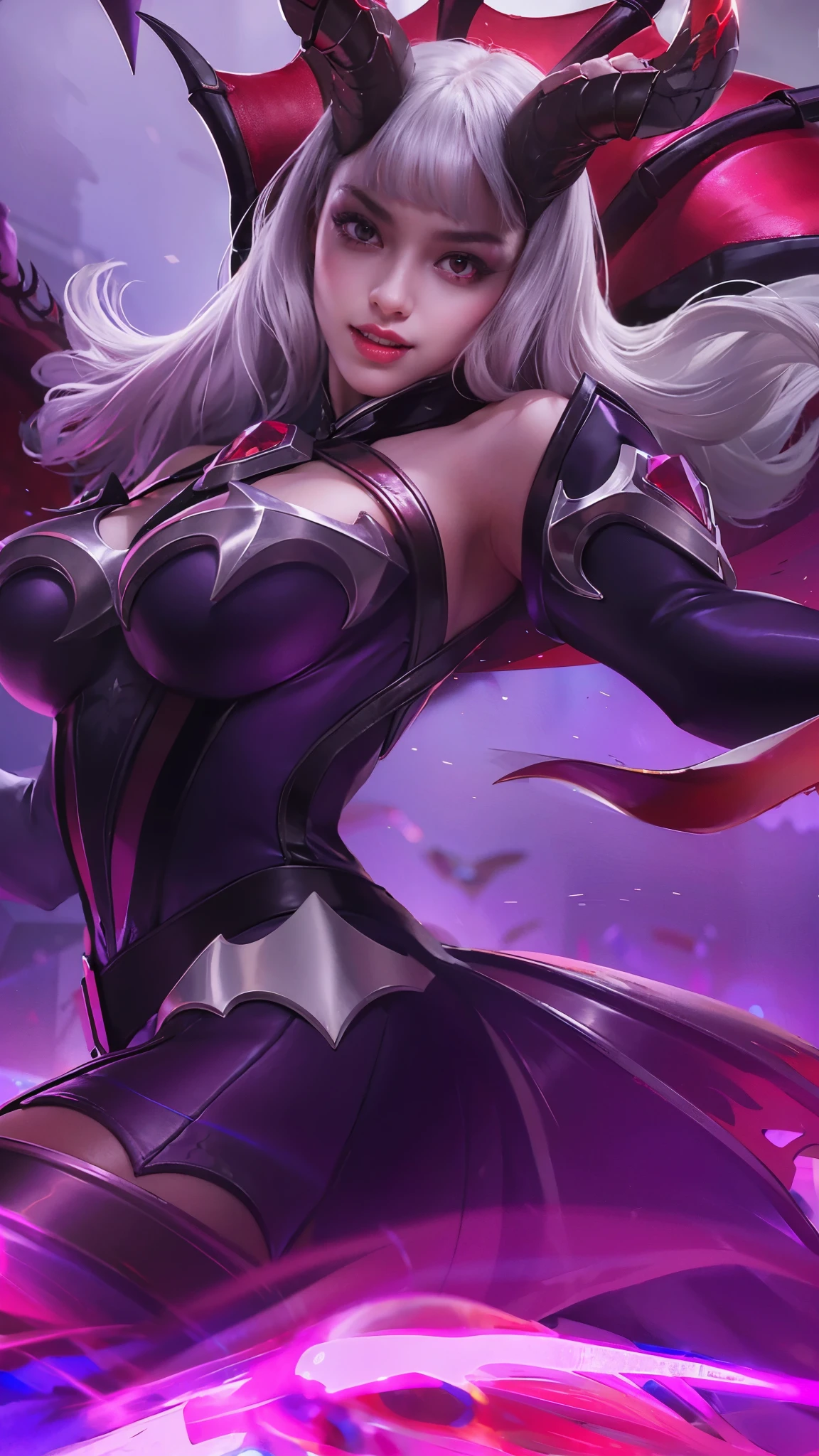 (female:1.2), 8k, ultra hd, ultra detailed texture, hyper realistic, masterpiece, detailed texture, detailed face, detailed skin, detailed lighting, (photorealistic:1.5), best quality, beautiful lighting, cinematic lighting, professional lighting, ultra highres, realistic, detailed hair, real hair, high quality, (realskin:1.5), extremely detailed, finely detail, ultra-detailed, 1girl, solo, floating, (red eyes:1.5), fire eyes, glowing eyes, black lips, v-shapped eyes, closed mouth, angry, colored skin, dark skin, purple skin, nose, pretty, beautiful, make up, cute face, evil smile, short hair, red hair bangs, large breasts, thigh, pauldrons, black pants, belt, purple coat, mechanical wings, armor shoulder, gloves, eudora \(mobile legends\), depth of field, looking aways, skin tight, amazing pose, glowing electric, lighting, blurry background