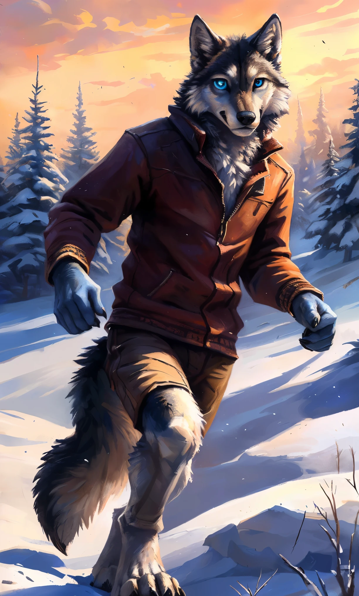 ((Solo)), male people, anthro wolf, (Multi-colored fur, White-brown:1.3,White tail pointed), (Height 2.1m,Tail length 1.2m), ((Wolf face, Big eyes, White eyelids, Blue pupil, Slim:1.2) (Tough, Calm expression:1.2)), Slim, pinging)), (Correct anatomy), (Winter clothing:1.1), The upper body naked, (detailed outfits),A long big tail,Feet,(Realistic fur, Detailed fur texture, labeled:1.3)), (Natural lighting), Photorealistic, Hyperrealistic, ultradetailed, by Kenket,Snowfield,erect through,Running on