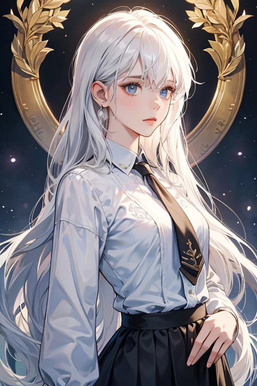 tmasterpiece,alta resoluçã, Dynamic bust of the beautiful girl,White hair elegantly curled,white hair, The hair is covered with a beautiful and delicate floral craftsmanship, filigrana de joias de cristal,detalhes ultra-detalhados,prolongado, casual white shirt and a tie, black skirt, Hogwarts uniform, Hogwarts student