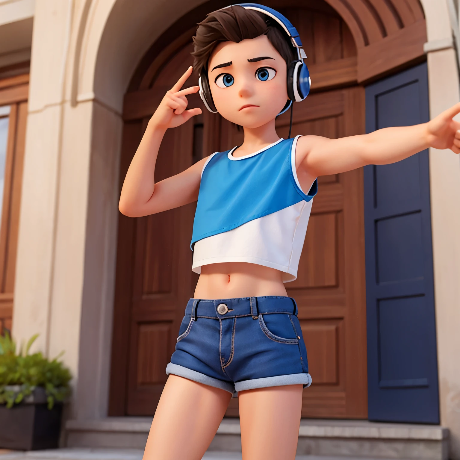 A Boy 12 - 14 years standing near by church, boy wear crop top and short shorts, a boy are making selfies and show peace with hand, boy wear headphones, boy wear crop top, boy wear short shorts,