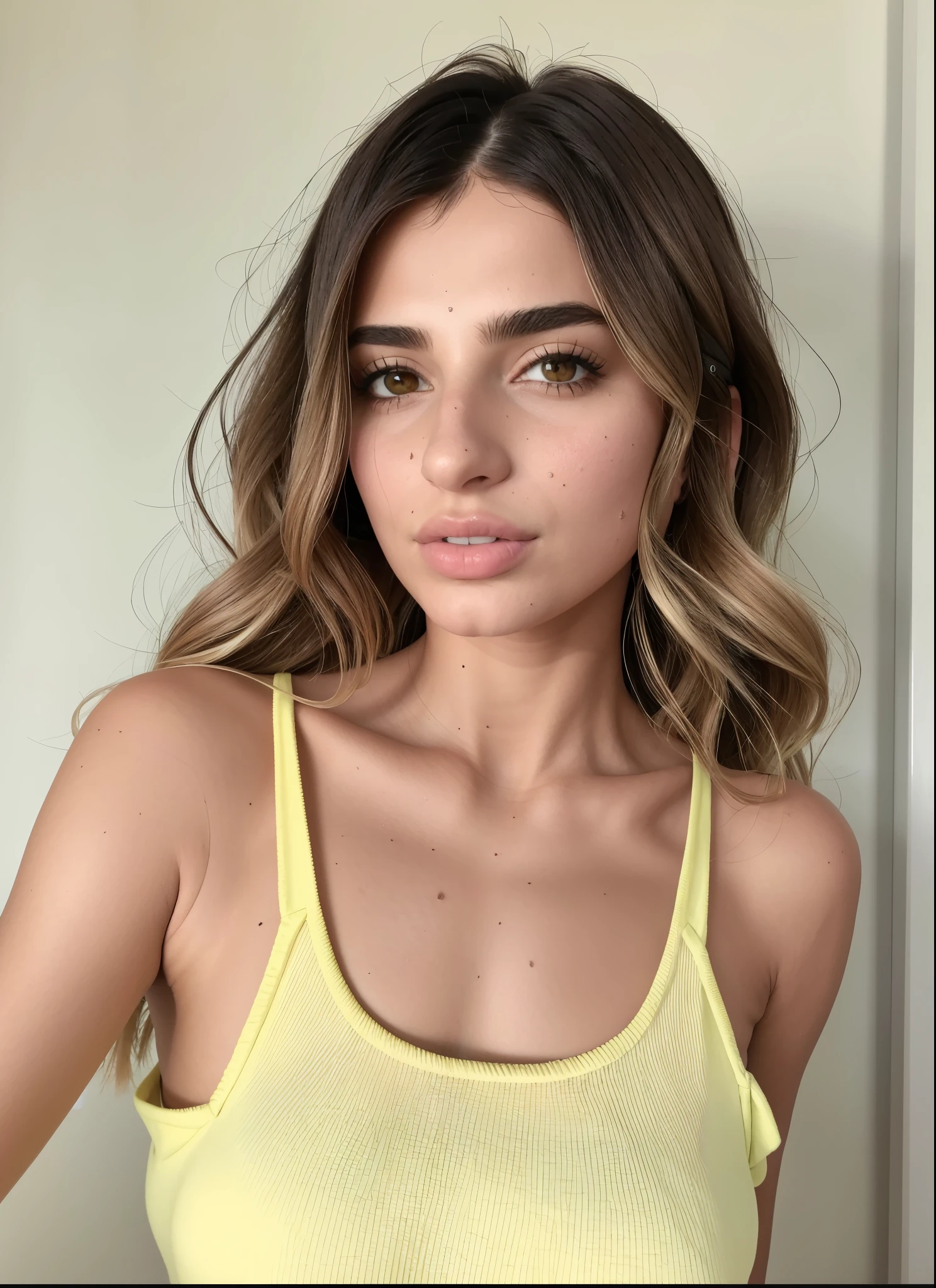 mulher arafa com uma blusa amarela posando para uma foto, portrait Emily Ratajkowski, Emily Ratajkowski, olivia de bernardini, Retrato de Sophie Mudd, Julia Sardenha, modelo secreto de victoria, modelo do instagram, she is wearing a black tank top, sem maquiagem cabelos ondulados, Olivia's fault, 2 modelo feminino de 4 anos, Cristina Kritkou