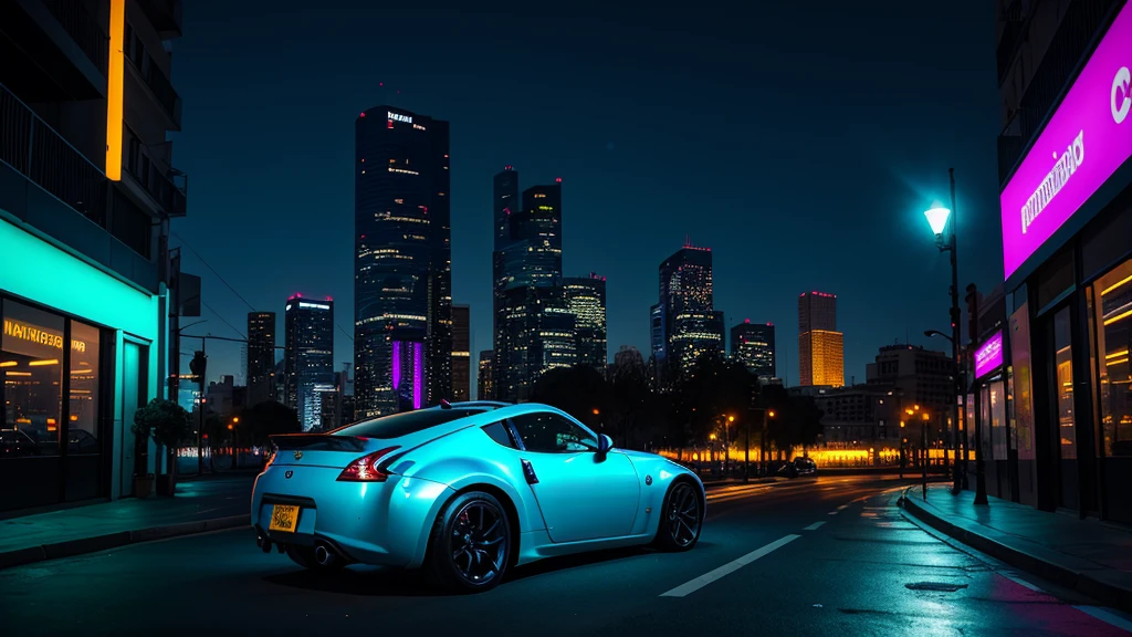 hipercoches cyberpunk, colores suaves, Humo de color arremolinado, leyenda, paisaje urbano, espacio, Nissan 350z,This is Madrid, un poema en cada calle,
Where the heart beats to the rhythm of its detail.
Entre luces y sombras, la ciudad resplandece,
In the notes of this song, Madrid florece.