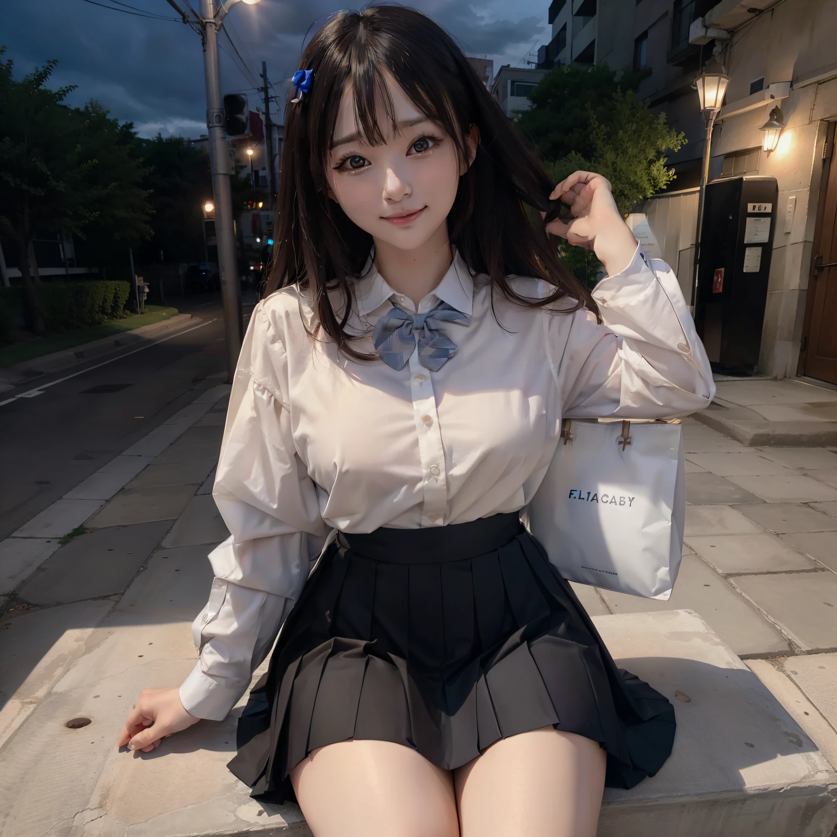 There is a woman who is on the street with a bag, Ulzzang, (8k, RAW photo, best quality, masterpiece: 1.2), (realistic, photo-realistic: 1.37), ultra-detailed, 1 girl, beautiful, solo, beautiful detailed sky, detailed coffee, night, sitting, dating, (flushed nose), (smile: 1.1), (closed mouth), medium breasts, beautiful detailed eyes, (collared shirt: 1.1), bow tie, pleated skirt,