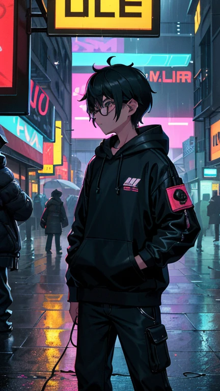 In the dimly lit, cyberpunk street scene, a 2D game style perspective unfolds, with pixel art buildings and cool vendors lining the side view. Neon signs flicker and emit an eerie glow, reflecting off the wet pavement. Vendors sell unusual gadgets and hacked electronics, their holographic price tags hovering above the counter. In the foreground, two boys in baggy pants and hoodies hunch over a screen, intently examining an old console. One wears glasses, the other sports a quirky quiff. They look up at the audience with expressions of intense focus, as the rain-soaked roads and pixelated cars blur