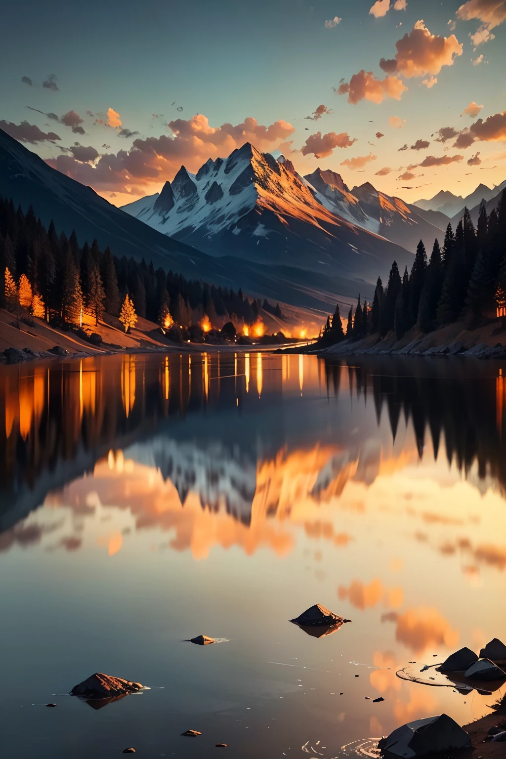 Generate a vivid description of a stunning valley at dusk. Envision a serene setting with rolling hills and majestic mountains in the background. The sun is setting on the horizon, painting the sky with shades of orange and gold, creating a breathtaking display of colors. In the center of the valley, there is a massive lake reflecting the beauty of the mountains and the dramatic sky. The lake is so calm that it perfectly mirrors the mountains and the sky, creating a breathtaking image. Detail the vegetation, the water's texture, the shadows of the mountains, and any other features that enhance the beauty and tranquility of this twilight scene.
