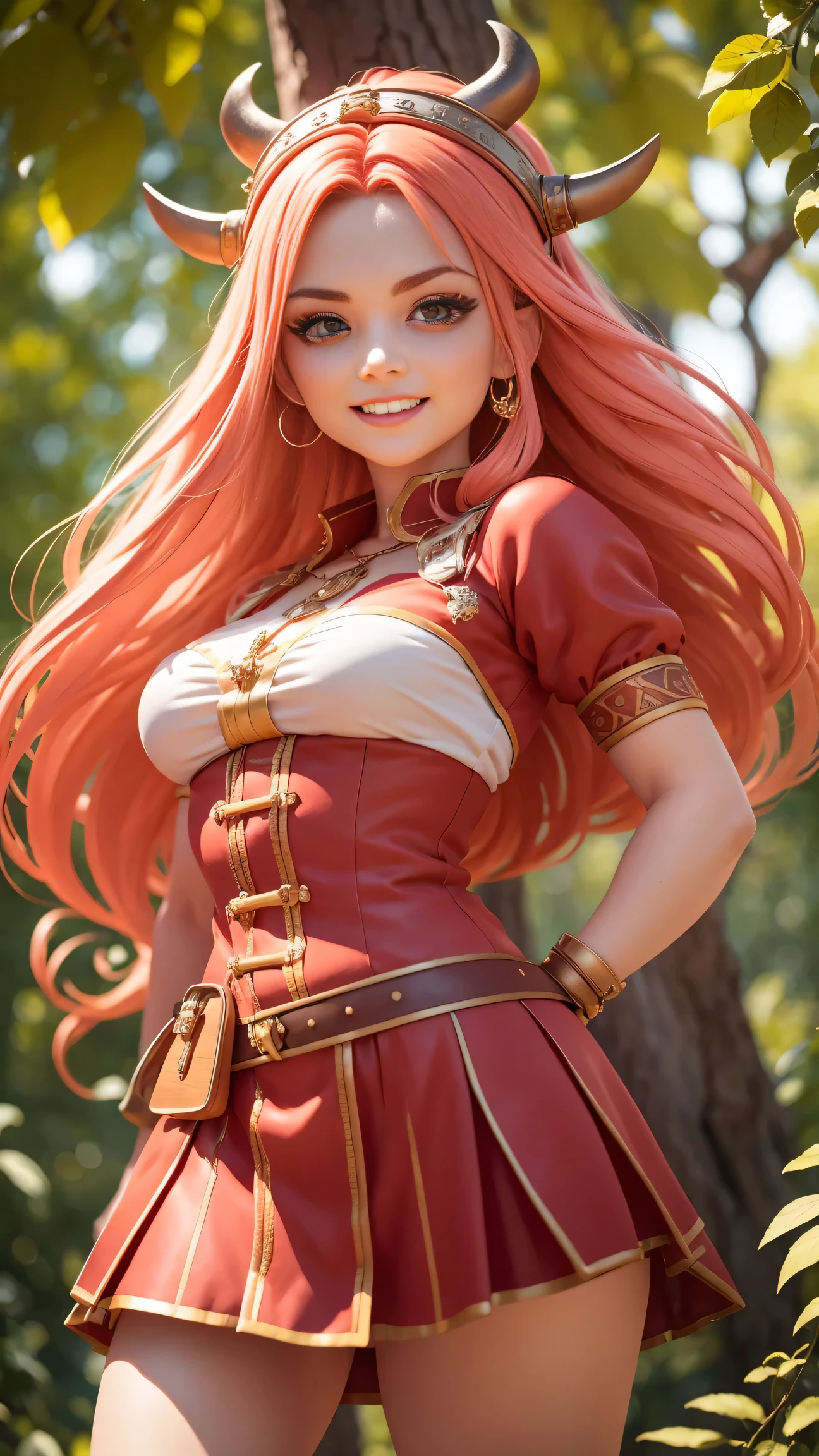 Beautiful female head viking, pelo rojo, disfraz de guerrera vikinga, en globo de nieve, sonrisa suave, Lindo retrato de cuerpo entero, figura esbelta de pie, Personaje de dibujos animados, personaje de pixar, medieval, Renderizado 3D, symatic lighting, Trazado de rayos. Rojo crujiente, luz radiante, bosque misteriosa, (la mejor calidad, 8k, high resolusion, tmasterpiece:1.2), caprichoso.