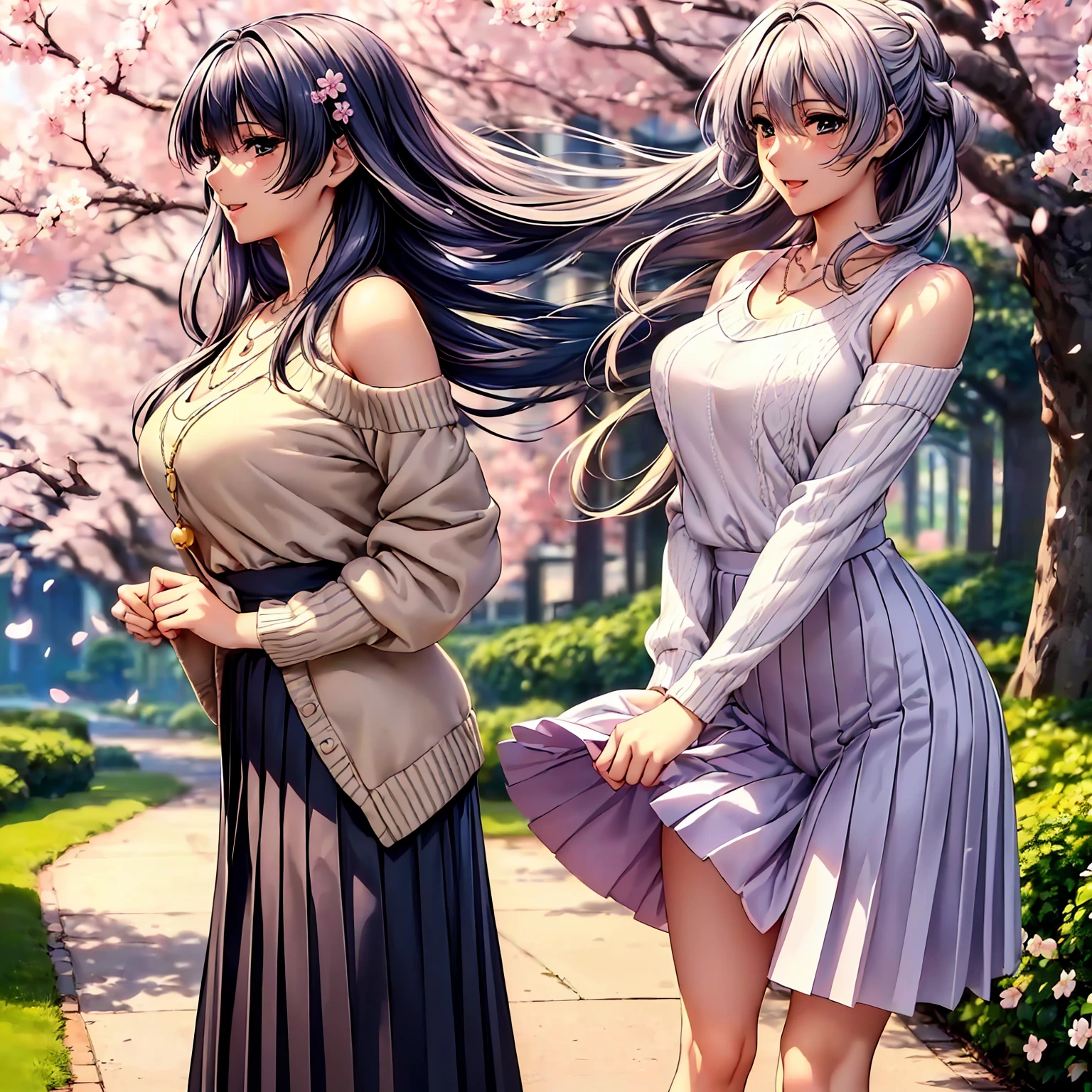 (((highest quality,masterpiece,very high resolution,Super high quality,perfect pixel))), (((Exquisite beauty:1 person,perfect body,Beautiful face is detailed, blush、cute face、beautiful outline、smile, open your mouth))),((long hair, neat bangs, beautiful hair texture)),((Beautiful slit eyes,beautiful eyes,strong-willed eyes, beautiful eyelashes, realistic eyes)), ((beautiful breasts,beautiful feet)),((sweater:color and pattern,pleated skirt:pattern and color, 1 diamond necklace,Clothing that exposes the shoulders,Clothing that exposes the thighs,Excellent fashion sense)),(realistic skin texture,realistic texture:,RAW photo,Anime CG style, Bright colors), (standing posture,dynamic angle,model pose, model shoot), (garden,Cherry blossom tree-lined path, Cherry tree, Cherry blossoms fall,the wind is blowing),beautiful anime woman, beautiful art style, anime character、Overall image、detailed images、accurate anatomy、Image without defects、natural soft light、beautiful images、非常にdetailed images、(Best Shot 1.5)