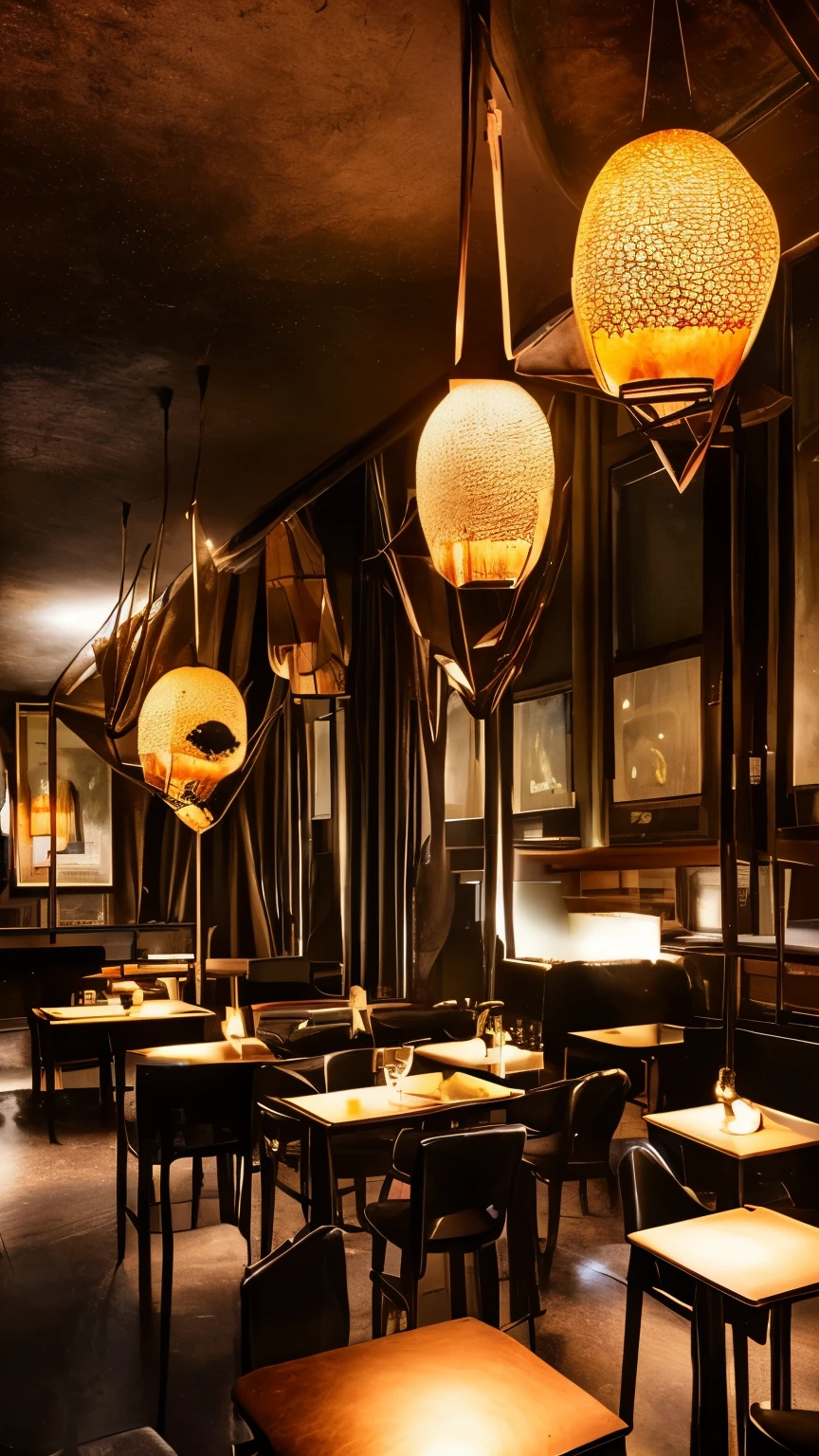 A vintage jazz club, dimly lit, with dark mahogany furnishings, soft leather seats, and low-hanging pendant lights, evoking a mysterious and intimate atmosphere, Sculpture, using clay to intricately mold the scene's elements, capturing the tactile essence of the dark vintage ambiance