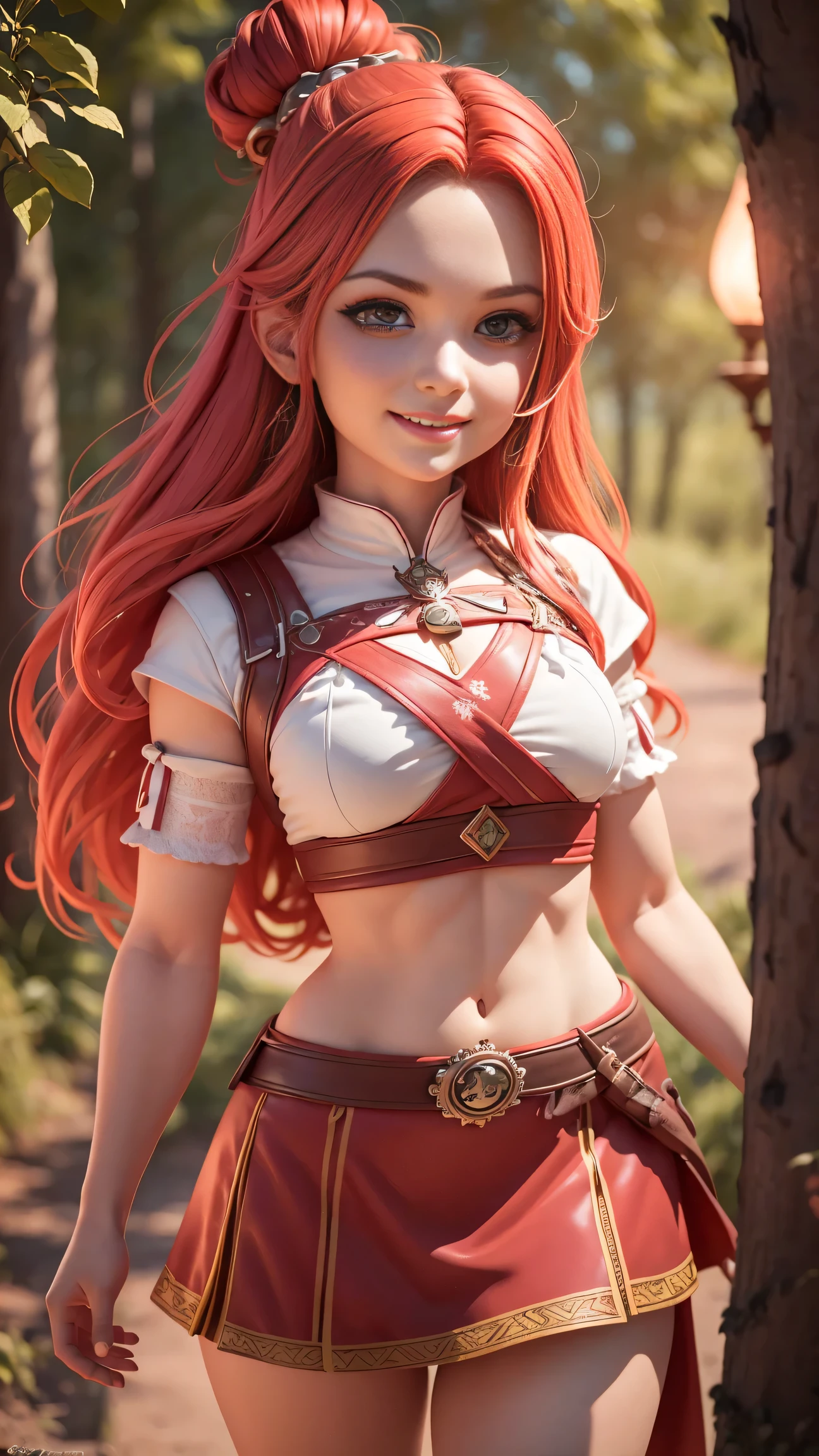 Beautiful female head viking, pelo rojo, disfraz de guerrera vikinga, en globo de nieve, sonrisa suave, Lindo retrato de cuerpo entero, figura esbelta de pie, Personaje de dibujos animados, personaje de pixar, medieval, Renderizado 3D, symatic lighting, Trazado de rayos. Rojo crujiente, luz radiante, bosque misteriosa, (la mejor calidad, 8k, high resolusion, tmasterpiece:1.2), caprichoso.