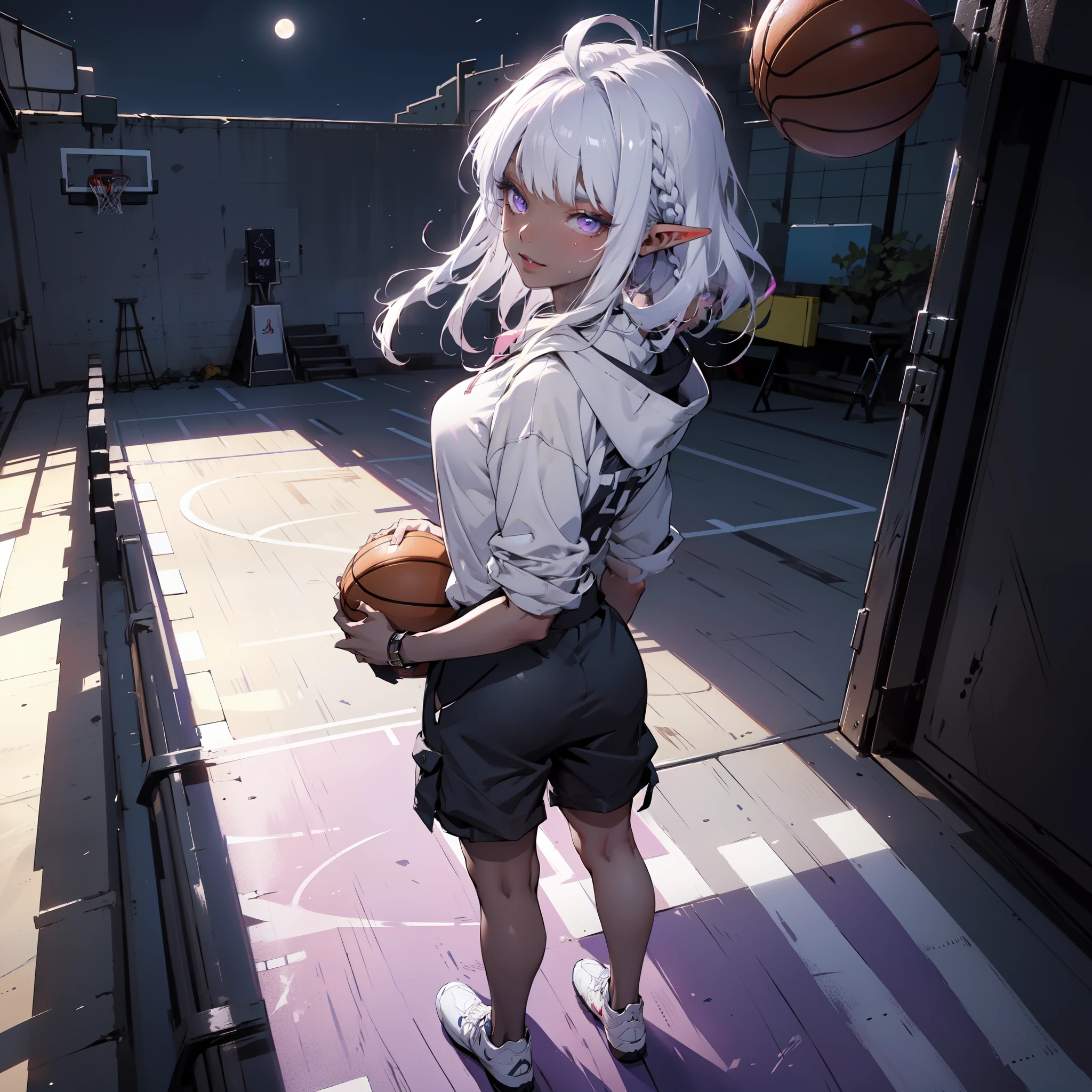 ((masterpiece)), (top quality), (best quality), ((ultra-detailed, 8k quality)), Aesthetics, Cinematic lighting, soft semi-backlit light, (detailed line art), absurdres, (best composition), (high-resolution),
BREAK,
beautiful of ((dark elf girl)), street clothes, hoodie, cargo pants, Air Jordan Sneakers, full body, Dynamic pose, POV angle to head, atmospheric perspective, cinematic dramatic atmosphere, Standing in the middle (basketball court:1.2), (holding a basketball), outdoors, (full moon sky), sweating,
BREAK,
highly detailed of (dark elf), (1girl), solo, perfect face, details eye, ahoge, twin braids, white shining hair, hime cut bangs, medium hair, (violet eyes), shining eyes, (beautiful detailed eyelashes, eyeshadow, pink eyeshadow), smile, design art by Mikimoto Haruhiko, by Kawacy, By Yoshitaka Amano,
BREAK,
((perfect anatomy)), perfect body, Abs, (medium breast), perfect hands, perfect face, beautiful face, beautiful eyes, perfect eyes, (perfect fingers, deatailed fingers), correct anatomy, perfect legs, ((dark skin:1.2)), perfect ball, Detailed ball,