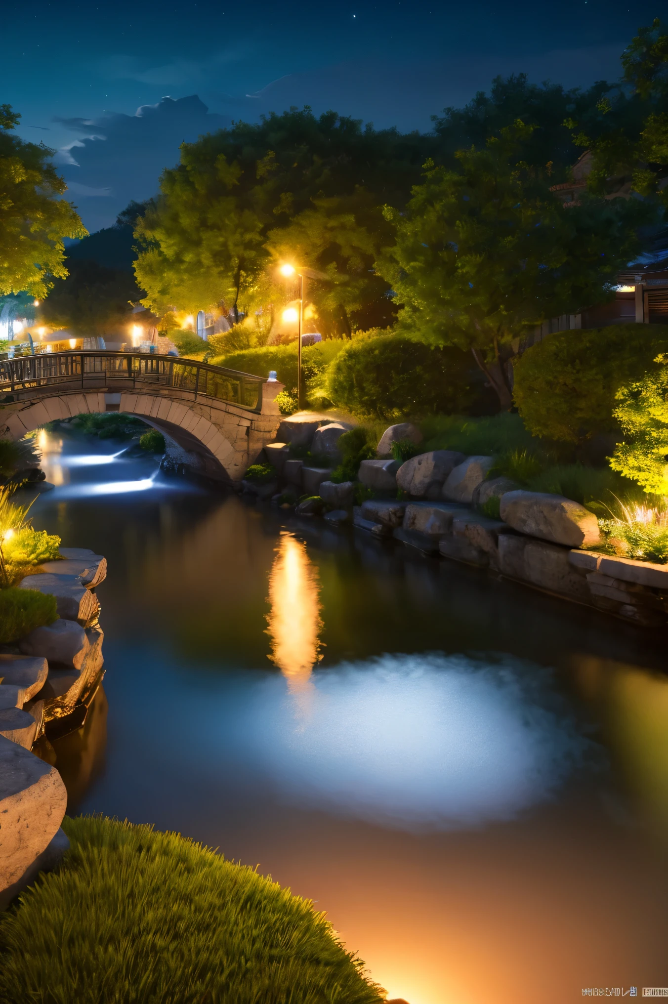 (masterpiece, highest quality, figure, small details), ((Highly detailed CG Unity 8K wallpaper, High resolution)), high color saturation, low brightness, concept art, ((unmanned)), (landscape), (small bridge flowing water), (Gangnam Water Town), null, night, (full moon), cloud, outdoor, architecture, river, Suzhou Garden
