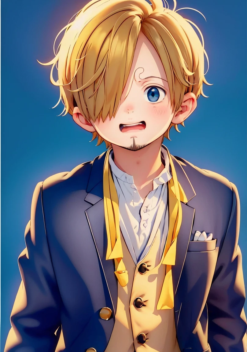 4k, best quality, ultra high res, masterpiece, sanji2, suit, hair_over_one_eye, eyeblow, yellow shirts, necktie, black jacket, facial hair