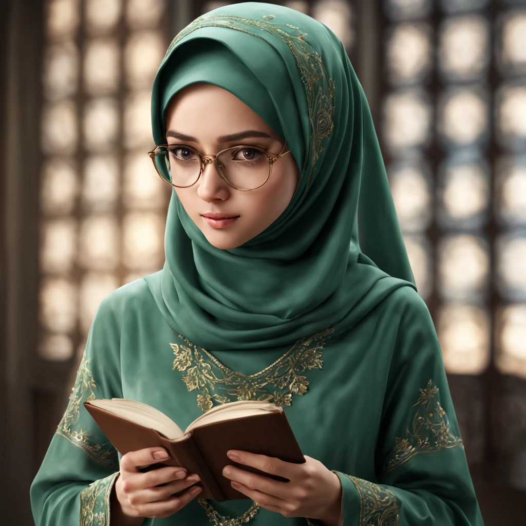 best quality, masterpiece, high moslem female dress:1.4), necklace, Beautiful face, (upon body from head to waist:1.37), close up, tyndall effect, photorealistic, dark studio, rim lighting, two tone lighting, 8k uhd, dslr, soft lighting, high quality, volumetric lighting, candid, Photograph, high resolution, 4k, 8k, Bokeh, (hyperrealistic girl), (illustration), (high resolution), (extremely detailed), (best illustration), (beautiful detailed eyeest quality), (ultra-detailed), (masterpiece), (wallpaper), (photorealistic), (natural light), (rim lighting), (detailed face), (high detailed realistic skin texture), (anatomically correct), (solo), (1 girl), (heterochromic eyes), (detailed eyes), (sparkling eyes), (long legs), (dynamic pose), (concentrated expression), (wearing hijab:1.4), (moslem headscarf:1.37), green, reading glasses.