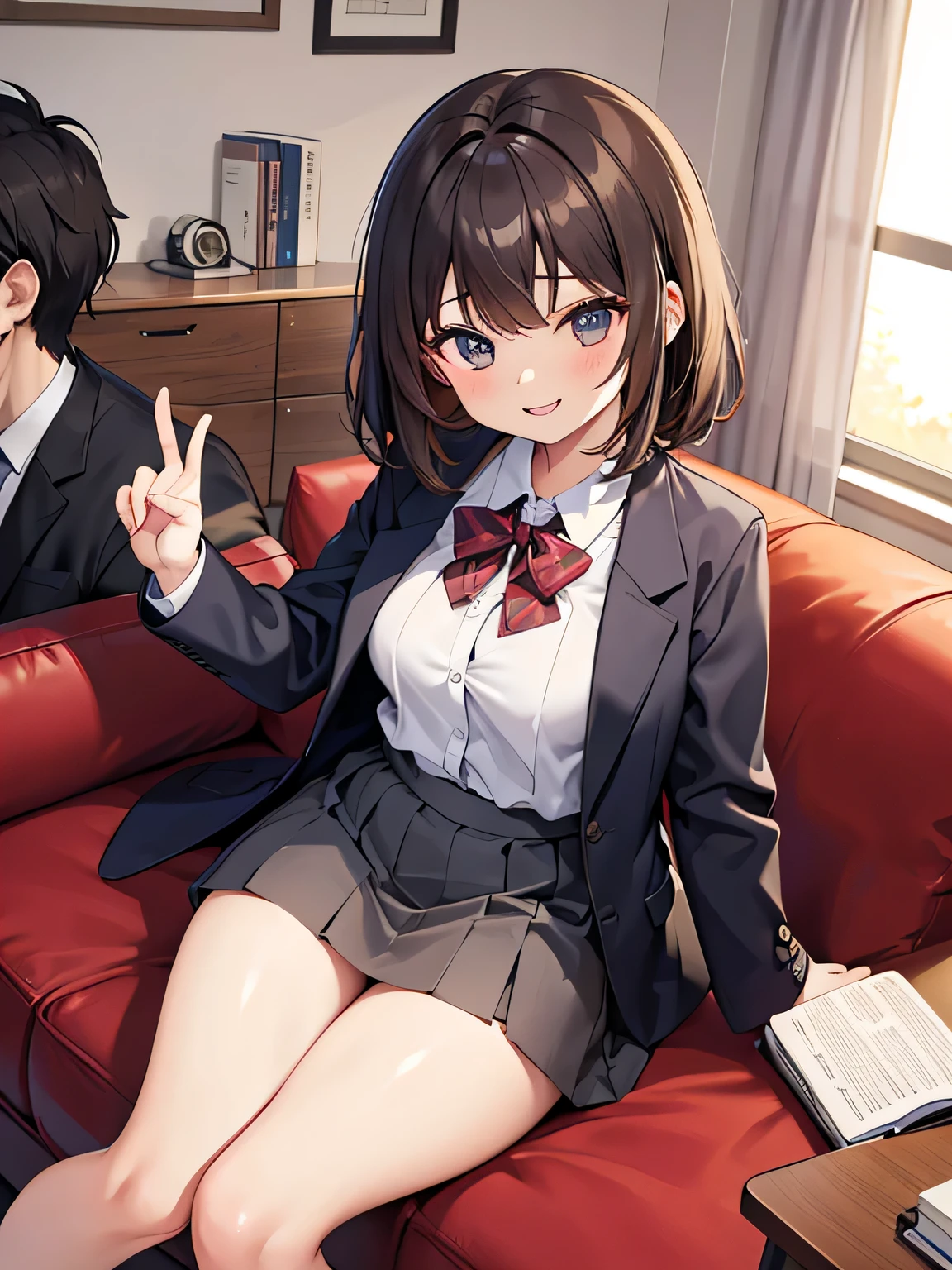 (1) A male and female couple are sitting on a sofa.
(2) That woman is a high school girl, She has brown hair and wears a high school uniform with a miniskirt..
(3) the man wears normal clothes.
(4) both are laughing.
(5) The location is the sofa in the living room of the apartment..