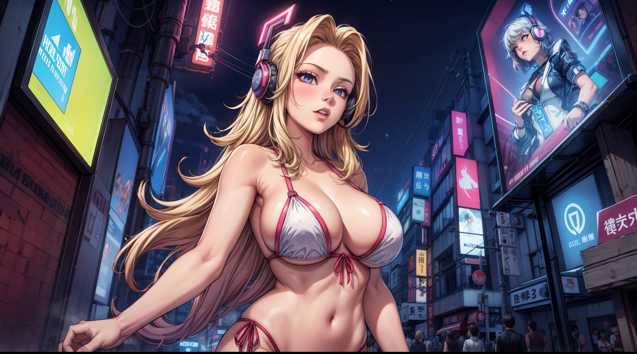 sexy anime 1girl ,headphone, glowing skin , beautiful background , beautiful sky, aesthetic ,vanilla ,night ,cleavage, tokyo city , big , synthwave , swimsuit