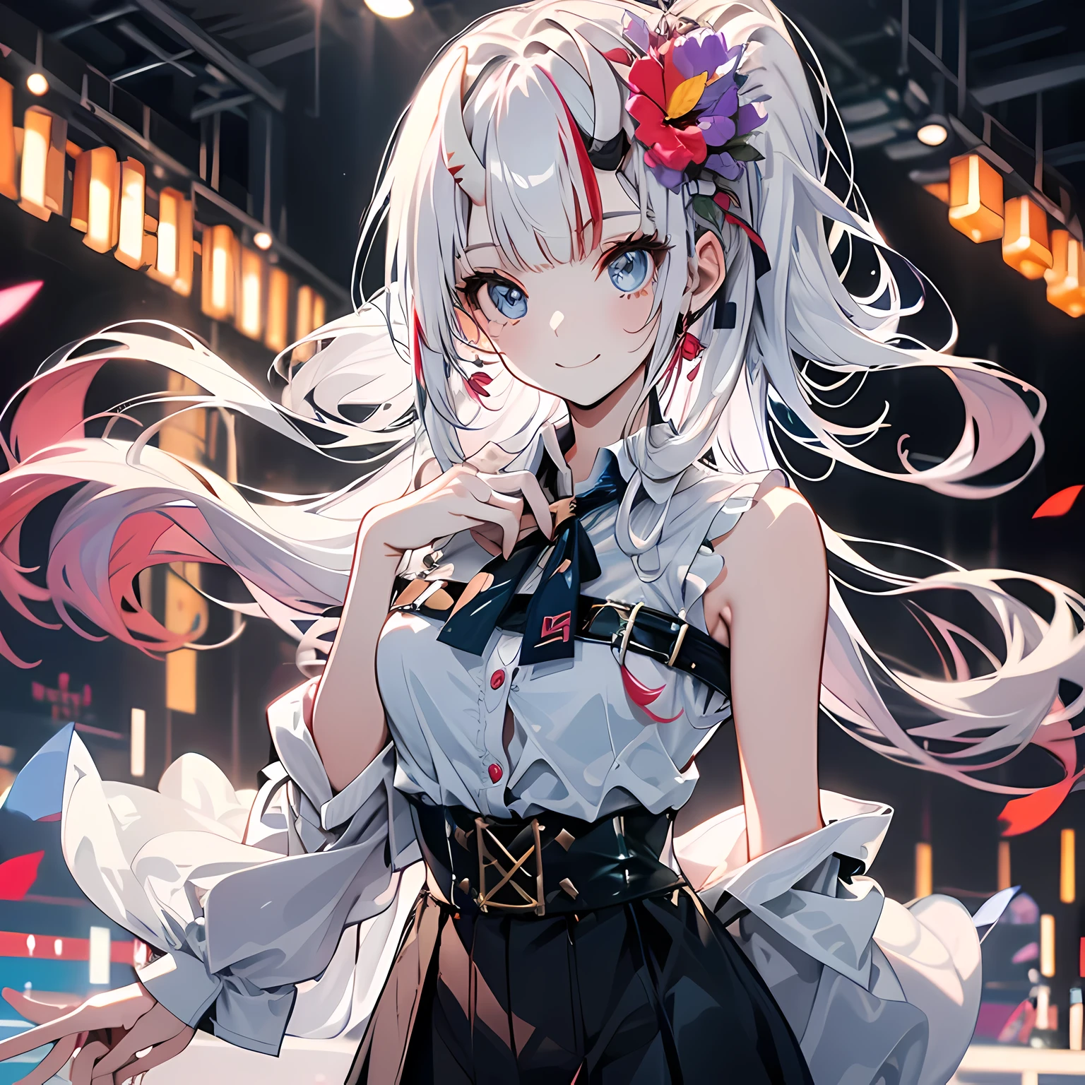 best quality, ultra high resolution, (realism: 1.4), 1 female, Sleeveless white button-down shirt, black skirt, black collar, (kpop idol), (Egiosar: 1), (platinum: 1), looking at the audience, whole body, flowers, blue eyes, long hair, white hair, high ponytail, No extra hair, Smile, clear eyes