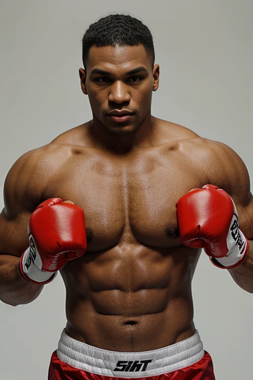 1 man, young mike tyson look alike, buzz fade haircut, heavy muscular body, heavyweight body, wearing black short trunks, wearing red boxing gloves, serious face, fighting pose, masterpiece, best quality, white background