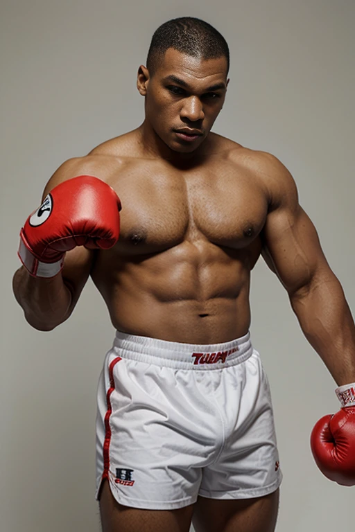 1 man, young mike tyson look alike, buzz fade haircut, heavy muscular body, heavyweight body, wearing black short trunks, wearing red boxing gloves, serious face, fighting pose, masterpiece, best quality, white background