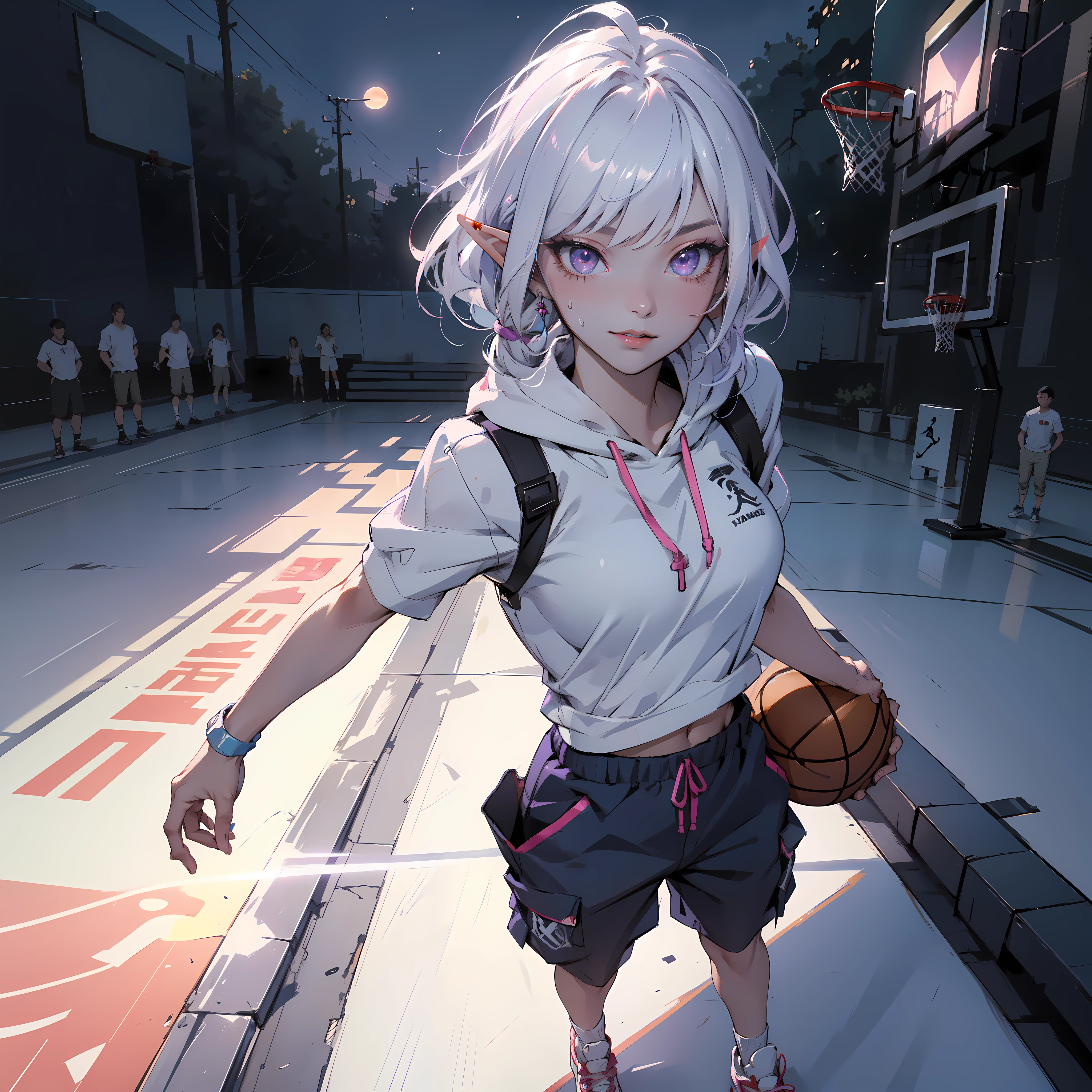 ((masterpiece)), (top quality), (best quality), ((ultra-detailed, 8k quality)), Aesthetics, Cinematic lighting, soft semi-backlit light, (detailed line art), absurdres, (best composition), (high-resolution),
BREAK,
beautiful of ((dark elf girl)), street clothes, hoodie, cargo pants, Air Jordan Sneakers, full body, Dynamic pose, POV angle to head, atmospheric perspective, cinematic dramatic atmosphere, Standing in the middle (basketball court:1.2), (holding a basketball), outdoors, (full moon sky), sweating,
BREAK,
highly detailed of (dark elf), (1girl), solo, perfect face, details eye, ahoge, twin braids, white shining hair, hime cut bangs, medium hair, (violet eyes), shining eyes, (beautiful detailed eyelashes, eyeshadow, pink eyeshadow), smile, design art by Mikimoto Haruhiko, by Kawacy, By Yoshitaka Amano,
BREAK,
((perfect anatomy)), perfect body, Abs, (medium breast), perfect hands, perfect face, beautiful face, beautiful eyes, perfect eyes, (perfect fingers, deatailed fingers), correct anatomy, perfect legs, ((dark skin:1.2)), perfect ball, Detailed ball,