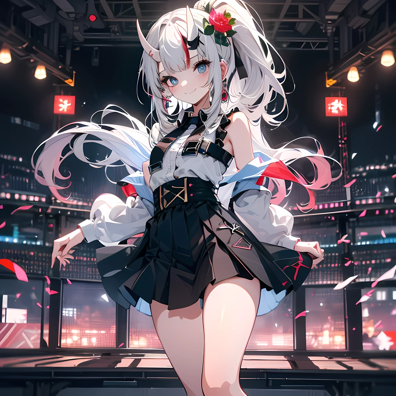 Anime, girl in a very short miniskirt, panties visible, red and white hair, Twin Tail, in a beautiful area, 3d.