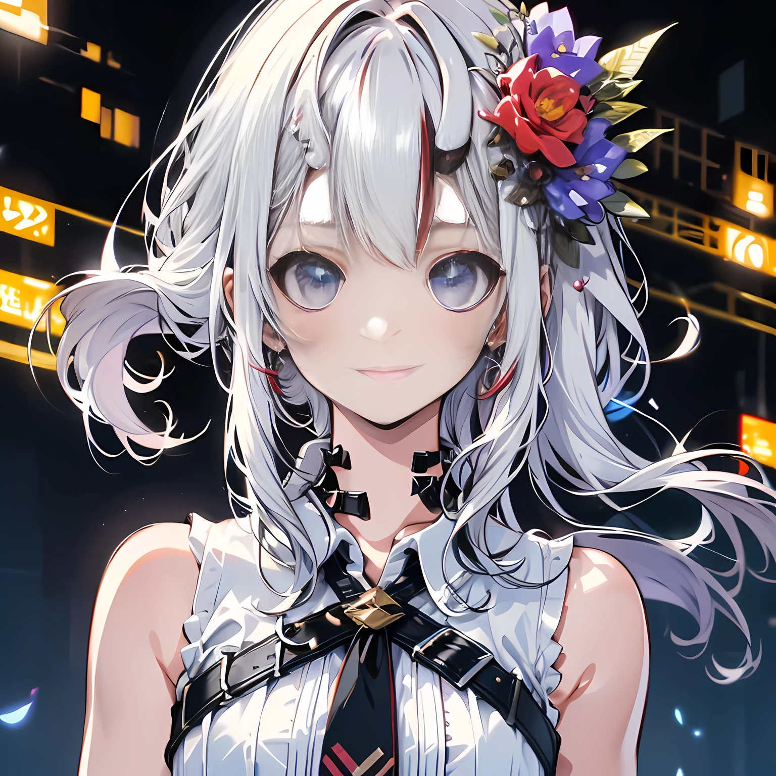 best quality, ultra high resolution, (realism: 1.4), 1 female, Sleeveless white button-down shirt, black skirt, black collar, (kpop idol), (Egiosar: 1), (platinum: 1), looking at the audience, whole body, flowers, blue eyes, long hair, white hair, high ponytail, No extra hair, Smile, clear eyes