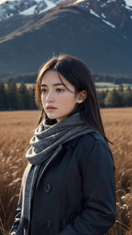 8K, highest quality, masterpiece, realistic, ultra detail, photo realistic, Improvement of quality,
Photo of a girl standing in a field with a scarf, In a dark and brooding designer style, voluminous mass, photo bash, calm face, jagged edges, navy, beauty of nature, close up shot