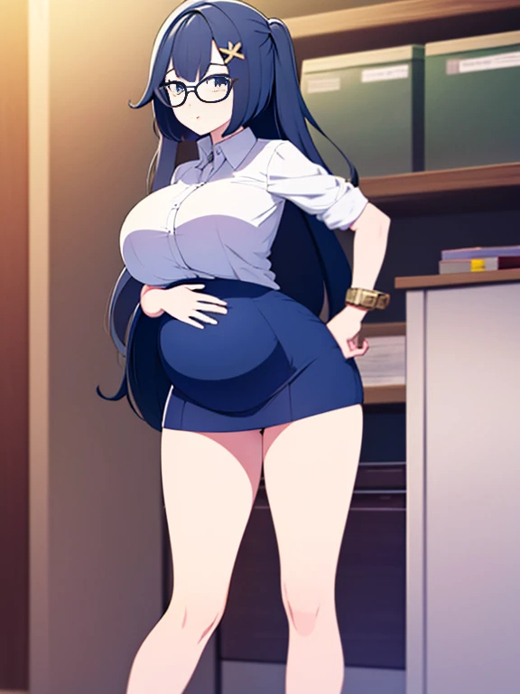 (Very high quality, detailed, masterpiece) An image of a full body pregnant girl with a round belly, long hair, very big breasts and a bubble butt. She's standing barefoot with her hands on her belly and leaning back. She's wearing a thight office uniform and glasses.